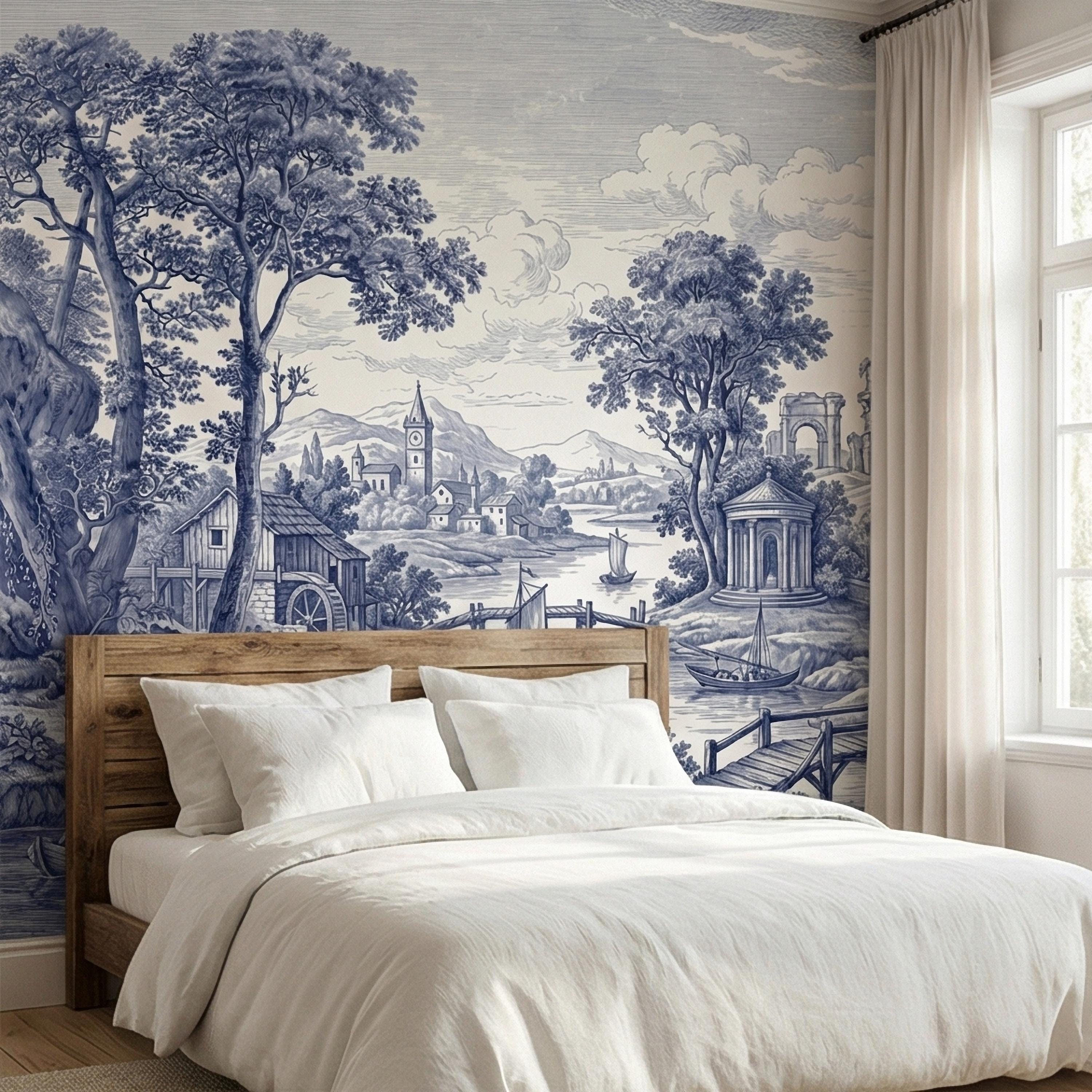 Blue Toile Landscape Peel and Stick Wall Mural, Vintage European River Landscape, Classical Pavilion Bridge and Boats Wallpaper
