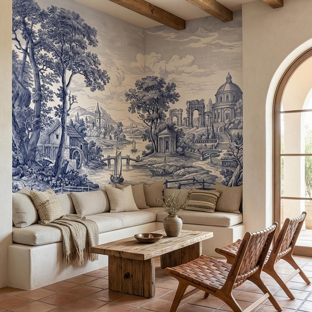 Blue Toile Landscape Peel and Stick Wall Mural, Vintage European River Landscape, Classical Pavilion Bridge and Boats Wallpaper
