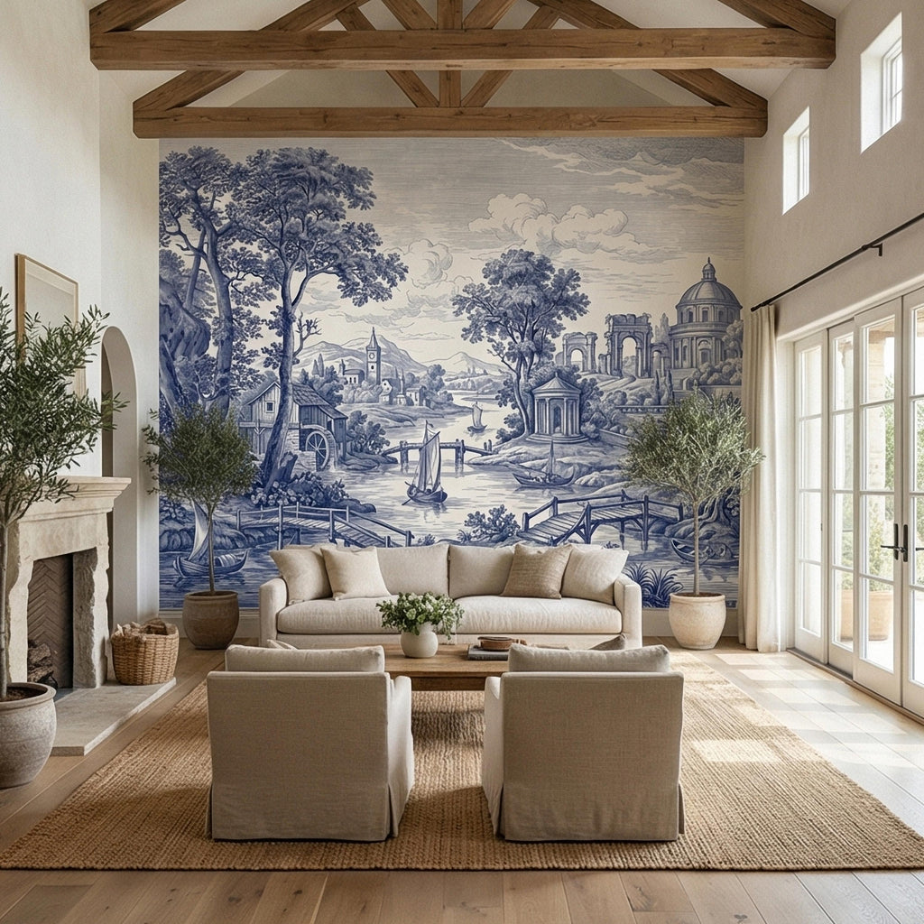 Blue Toile Landscape Peel and Stick Wall Mural, Vintage European River Landscape, Classical Pavilion Bridge and Boats Wallpaper