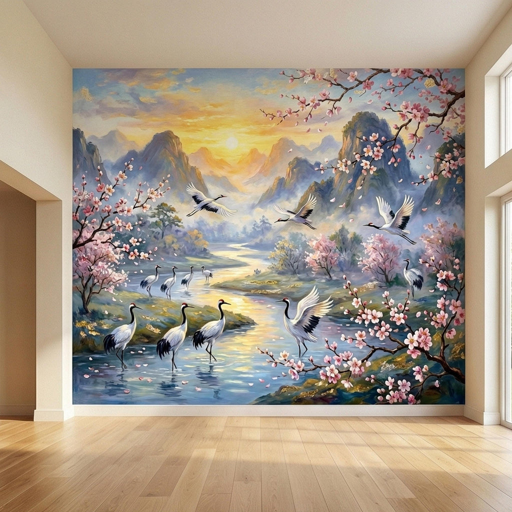 Asian Mountain Lake Landscape Peel and Stick Wall Mural, Cherry Blossom Cranes Golden Sunrise, Serene Mist River Chinoiserie Wallpaper