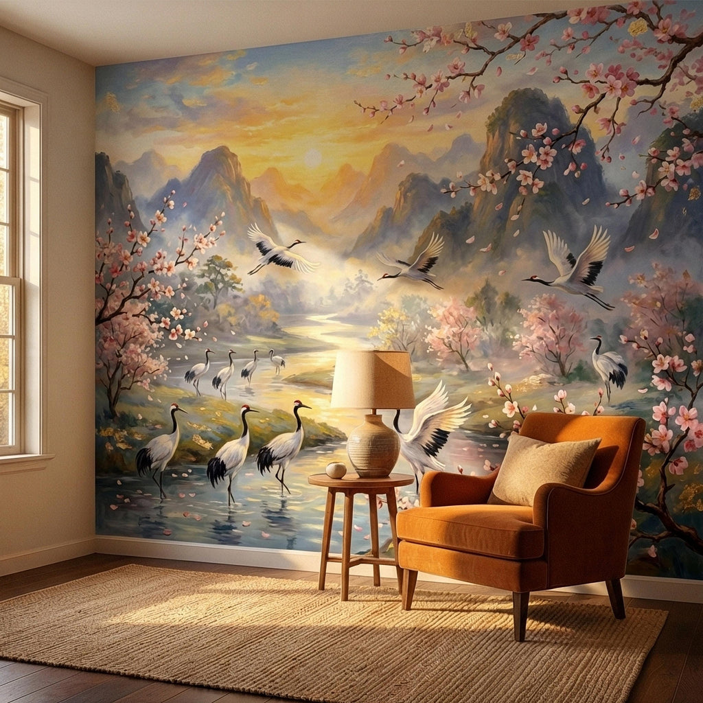 Asian Mountain Lake Landscape Peel and Stick Wall Mural, Cherry Blossom Cranes Golden Sunrise, Serene Mist River Chinoiserie Wallpaper