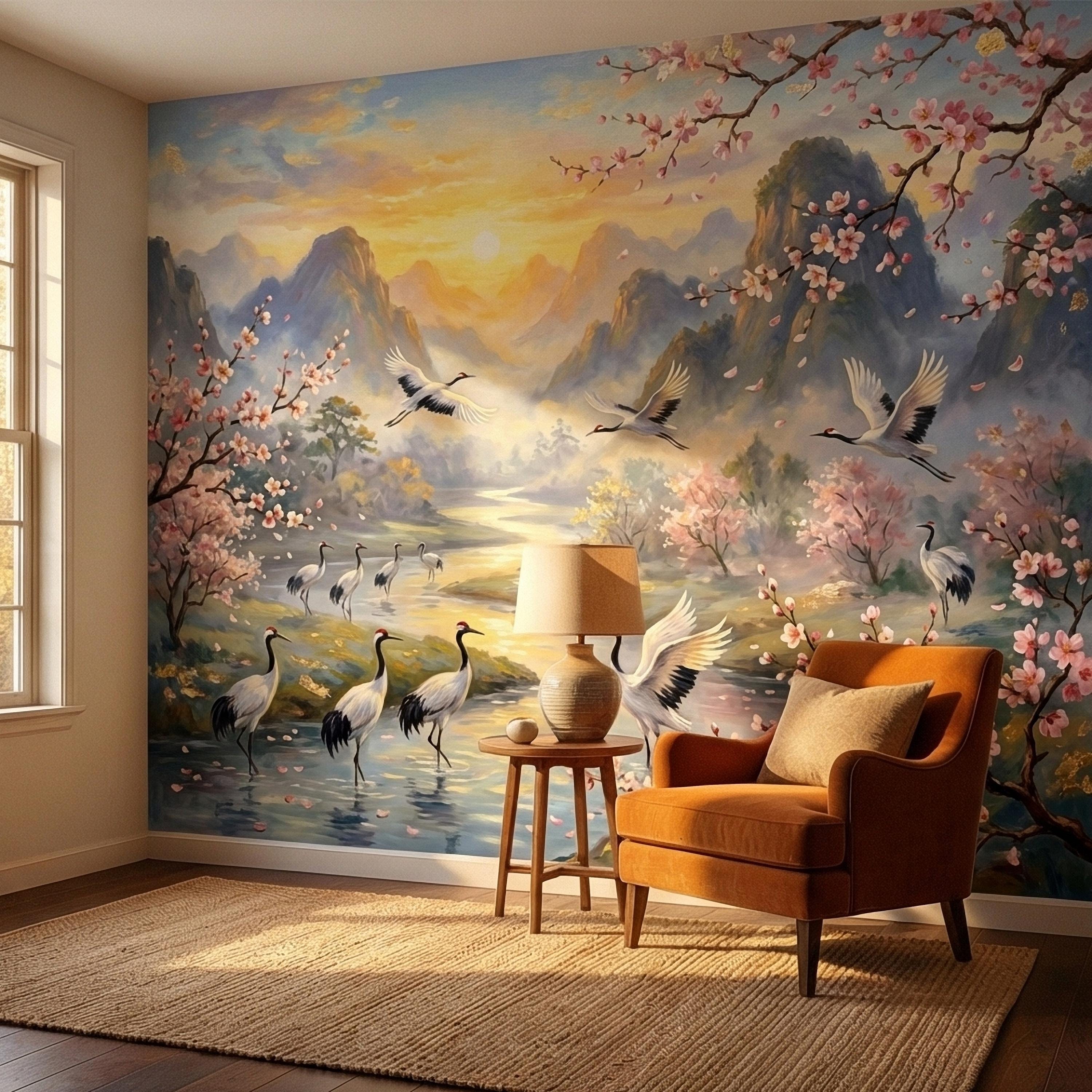 Asian Mountain Lake Landscape Peel and Stick Wall Mural, Cherry Blossom Cranes Golden Sunrise, Serene Mist River Chinoiserie Wallpaper