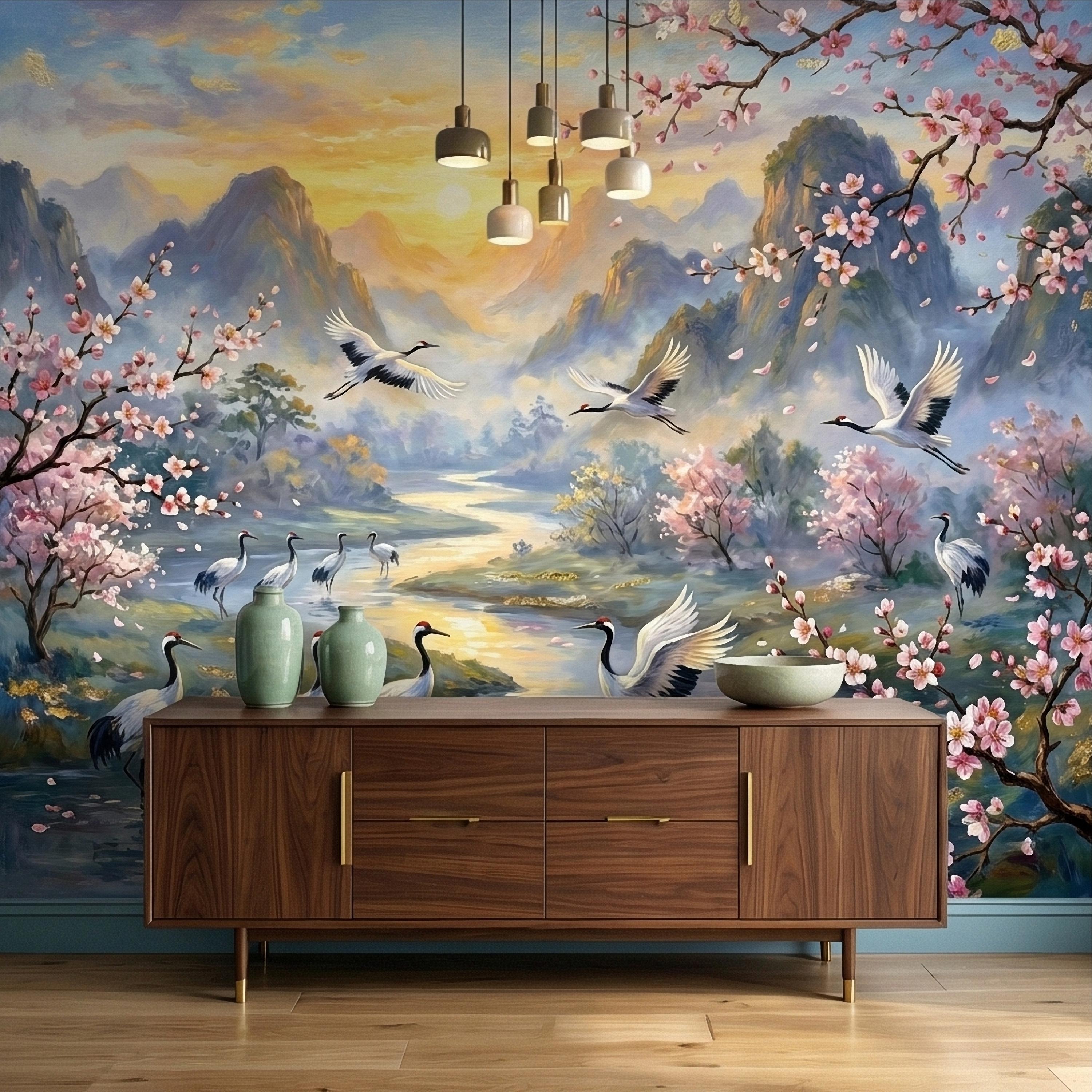 Asian Mountain Lake Landscape Peel and Stick Wall Mural, Cherry Blossom Cranes Golden Sunrise, Serene Mist River Chinoiserie Wallpaper