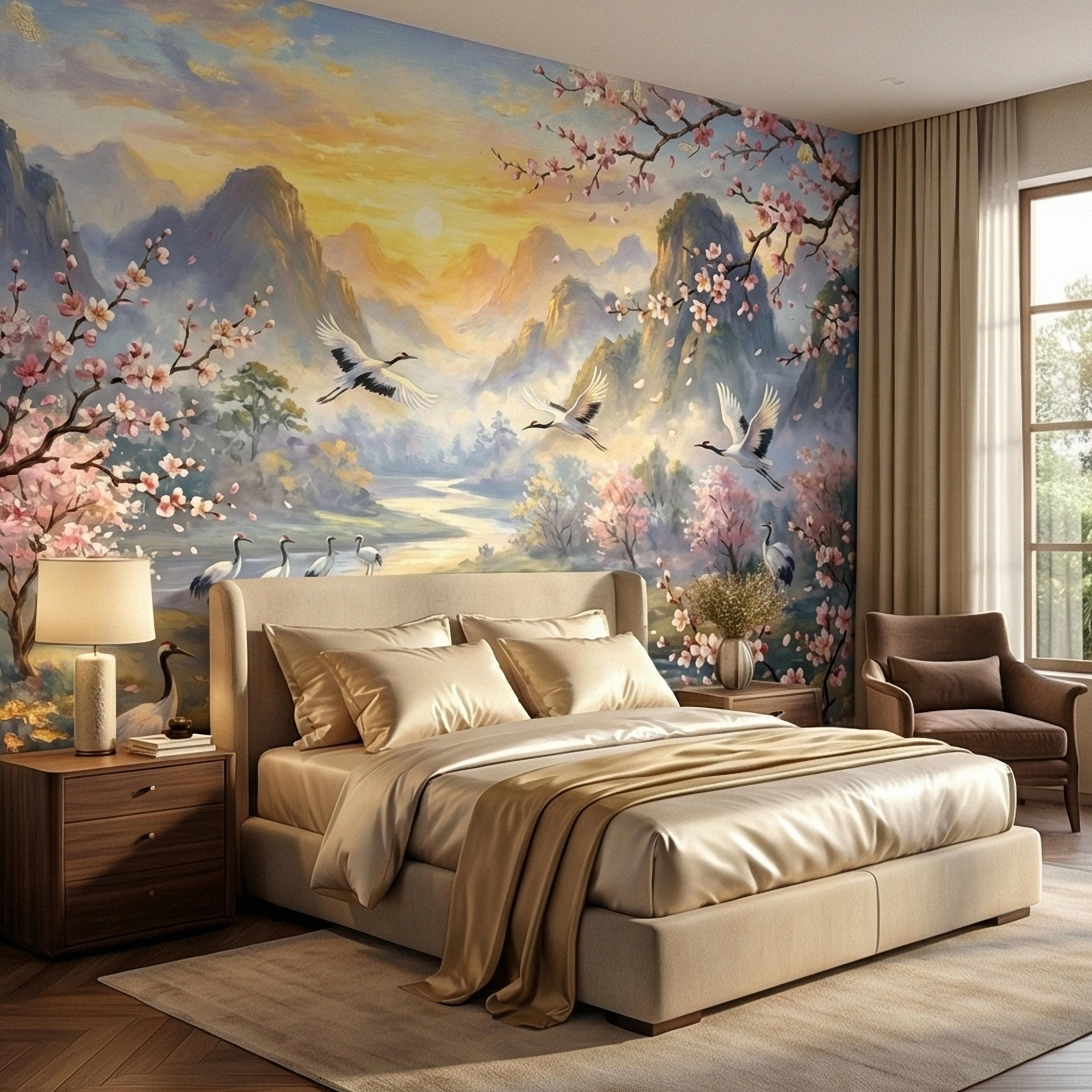 Asian Mountain Lake Landscape Peel and Stick Wall Mural, Cherry Blossom Cranes Golden Sunrise, Serene Mist River Chinoiserie Wallpaper