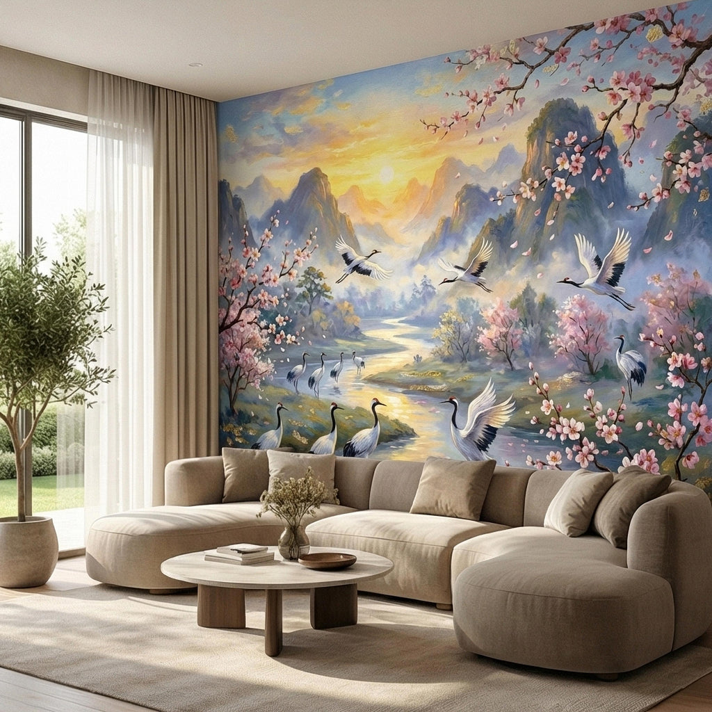 Asian Mountain Lake Landscape Peel and Stick Wall Mural, Cherry Blossom Cranes Golden Sunrise, Serene Mist River Chinoiserie Wallpaper