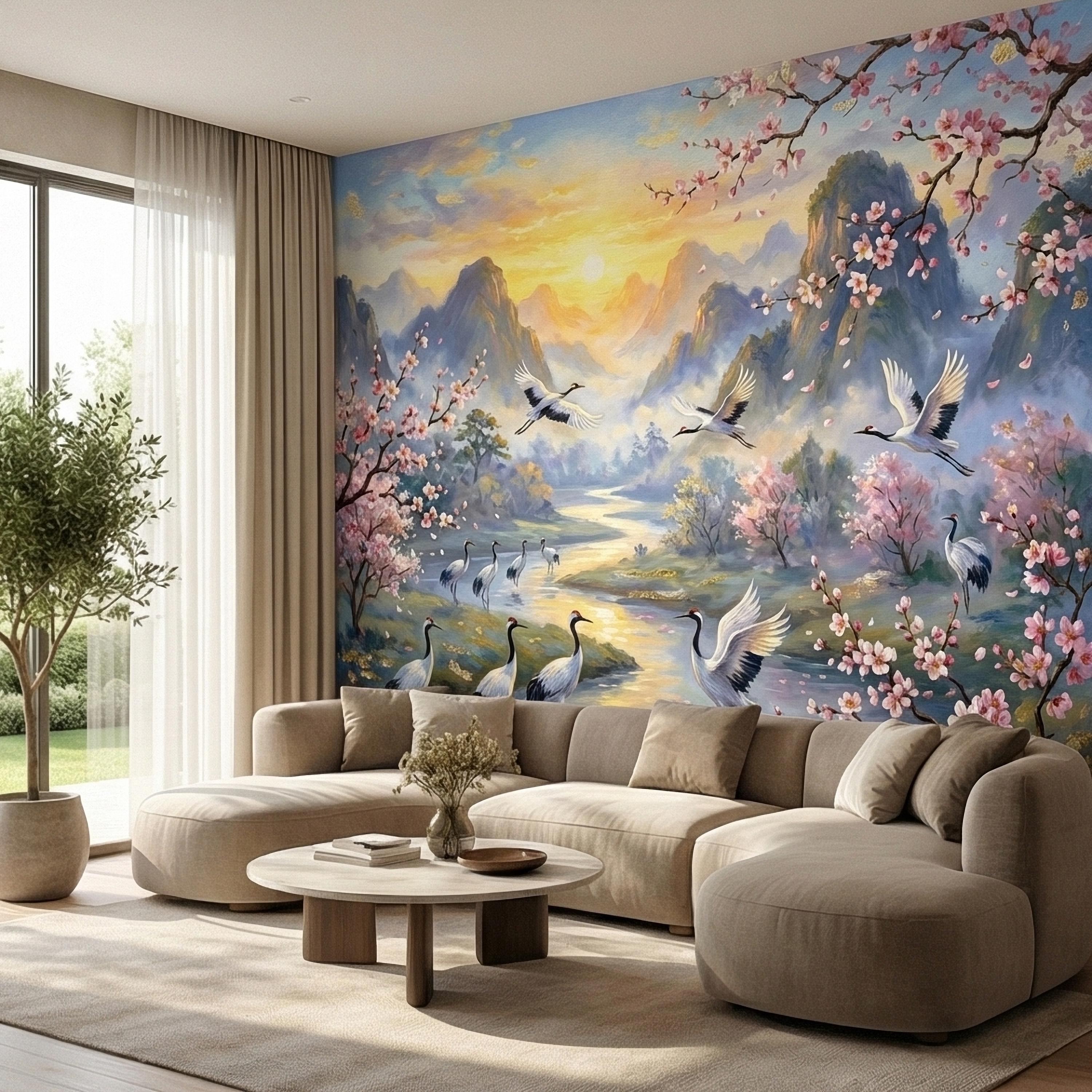 Asian Mountain Lake Landscape Peel and Stick Wall Mural, Cherry Blossom Cranes Golden Sunrise, Serene Mist River Chinoiserie Wallpaper