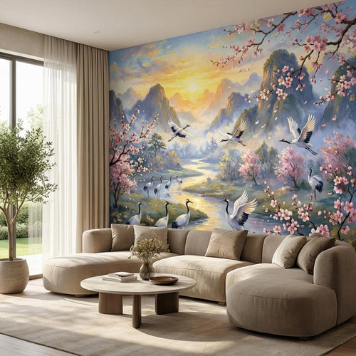 Asian Mountain Lake Landscape Peel and Stick Wall Mural, Cherry Blossom Cranes Golden Sunrise, Serene Mist River Chinoiserie Wallpaper - The Fine Art Murals