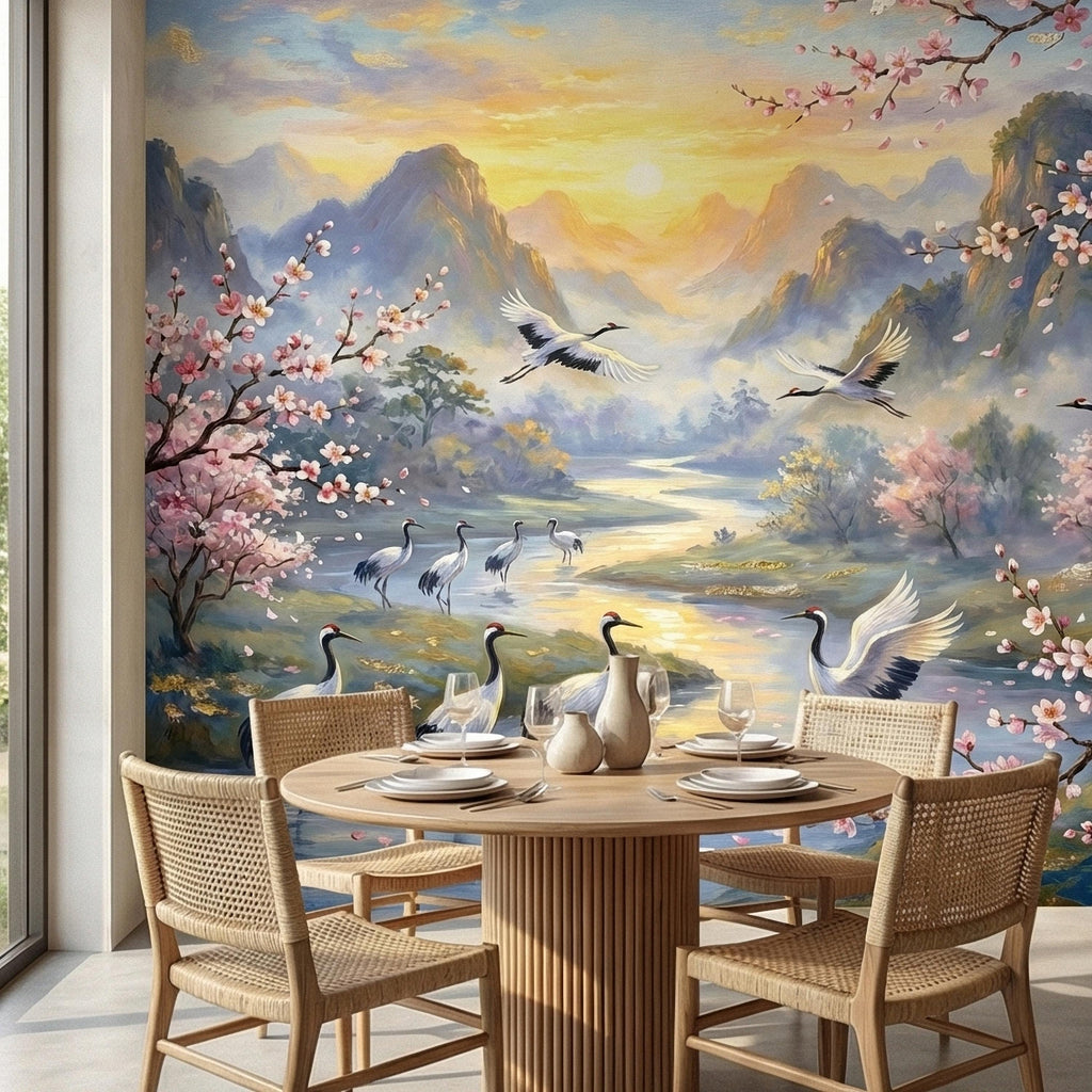 Asian Mountain Lake Landscape Peel and Stick Wall Mural, Cherry Blossom Cranes Golden Sunrise, Serene Mist River Chinoiserie Wallpaper