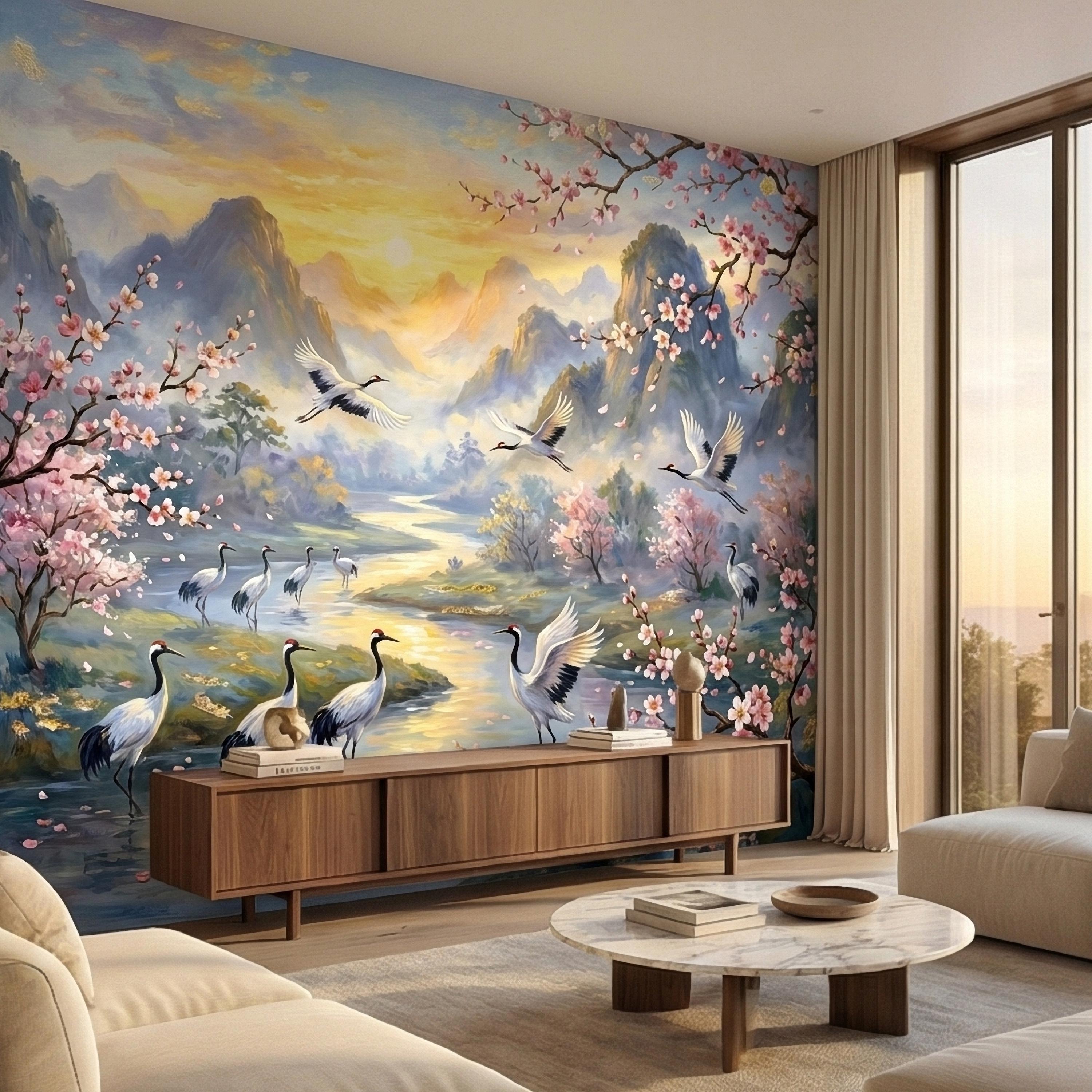 Asian Mountain Lake Landscape Peel and Stick Wall Mural, Cherry Blossom Cranes Golden Sunrise, Serene Mist River Chinoiserie Wallpaper