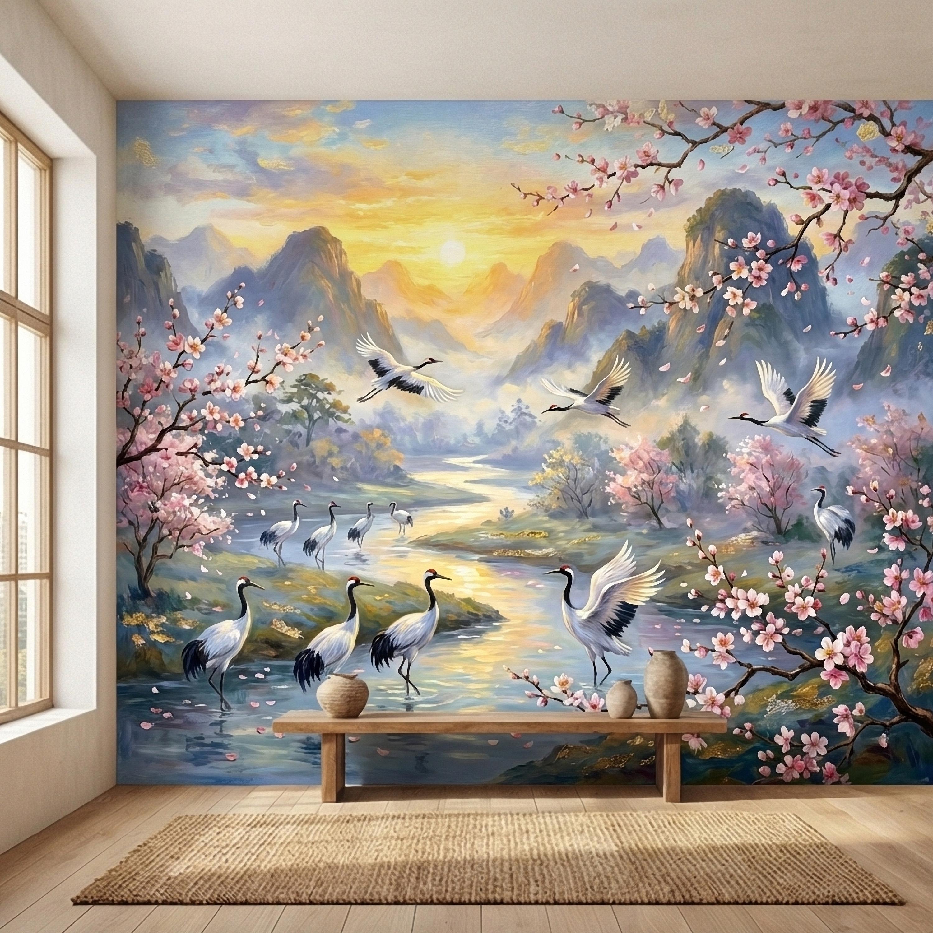 Asian Mountain Lake Landscape Peel and Stick Wall Mural, Cherry Blossom Cranes Golden Sunrise, Serene Mist River Chinoiserie Wallpaper