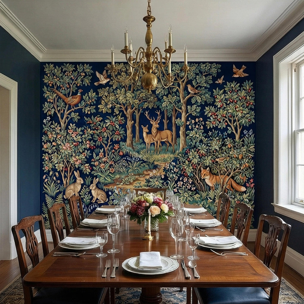 Woodland Tapestry Peel and Stick Wall Mural, Vintage Forest Animals Floral Scene, Medieval Botanical Landscape Wallpaper