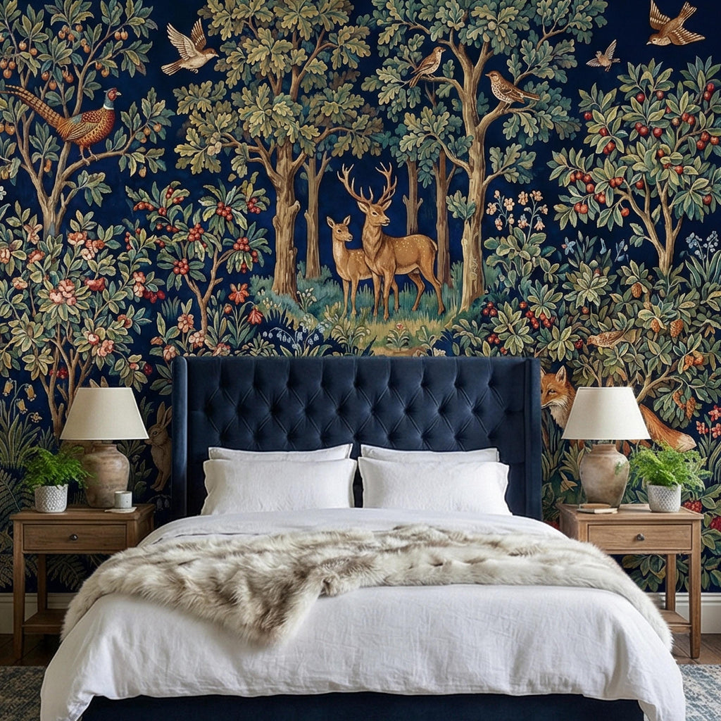 Woodland Tapestry Peel and Stick Wall Mural, Vintage Forest Animals Floral Scene, Medieval Botanical Landscape Wallpaper