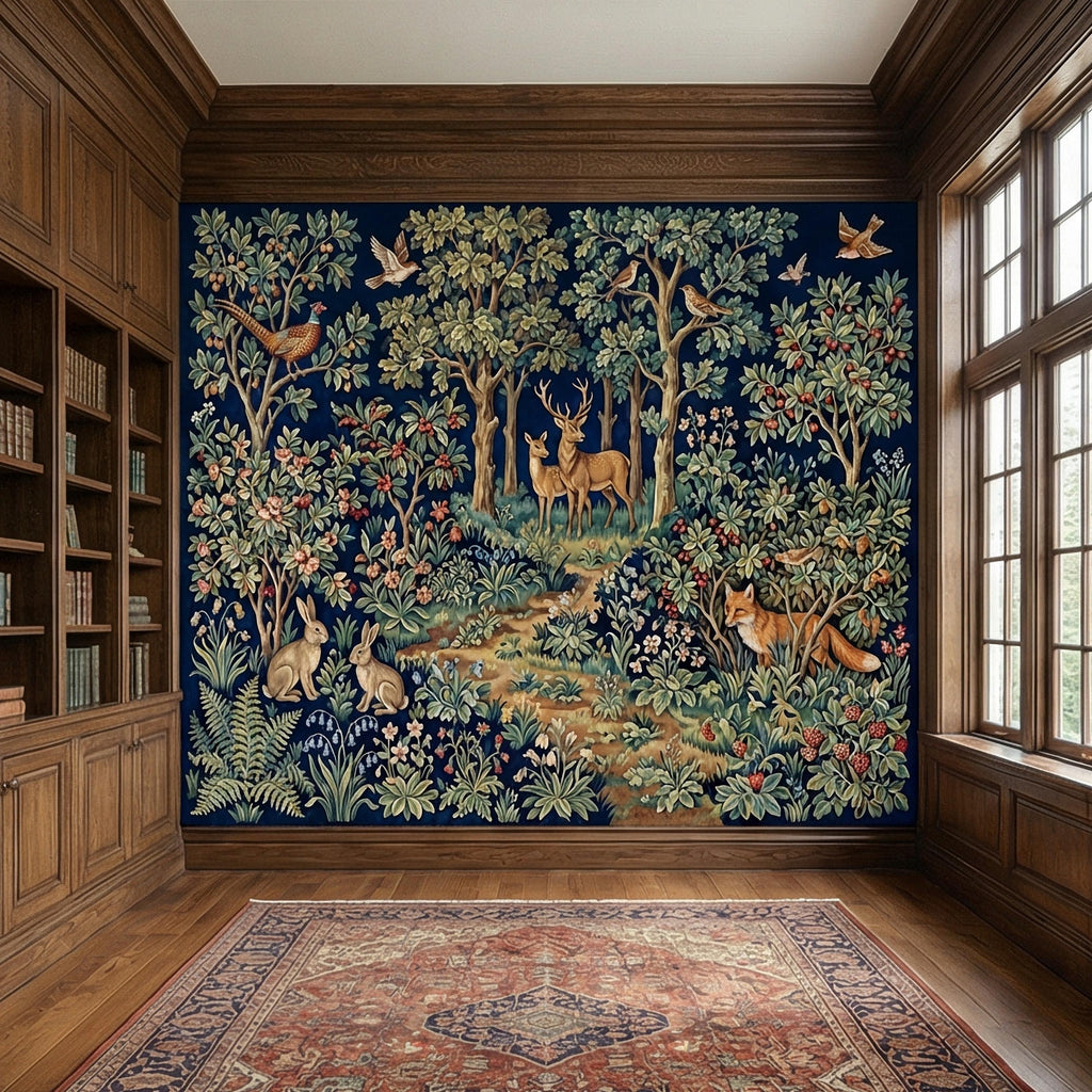 Woodland Tapestry Peel and Stick Wall Mural, Vintage Forest Animals Floral Scene, Medieval Botanical Landscape Wallpaper