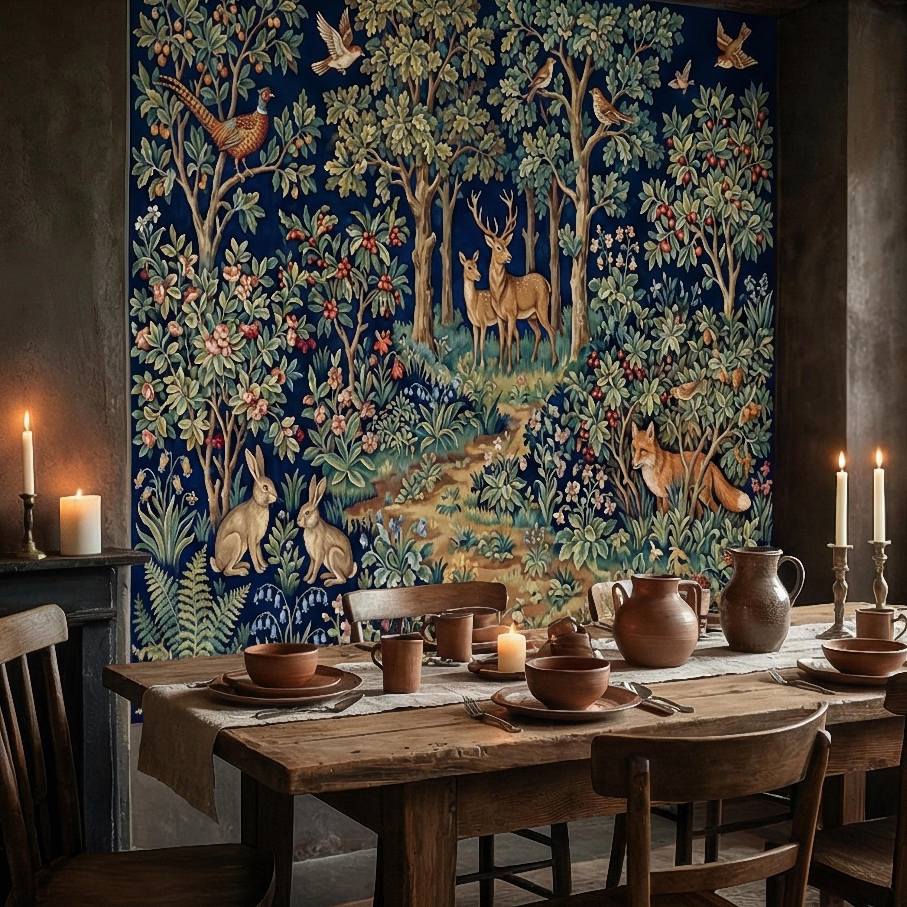 Woodland Tapestry Peel and Stick Wall Mural, Vintage Forest Animals Floral Scene, Medieval Botanical Landscape Wallpaper