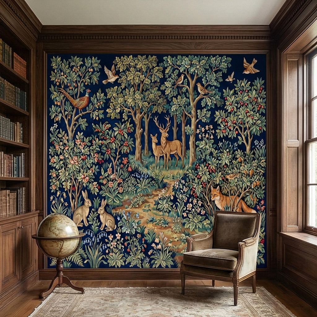 Woodland Tapestry Peel and Stick Wall Mural, Vintage Forest Animals Floral Scene, Medieval Botanical Landscape Wallpaper