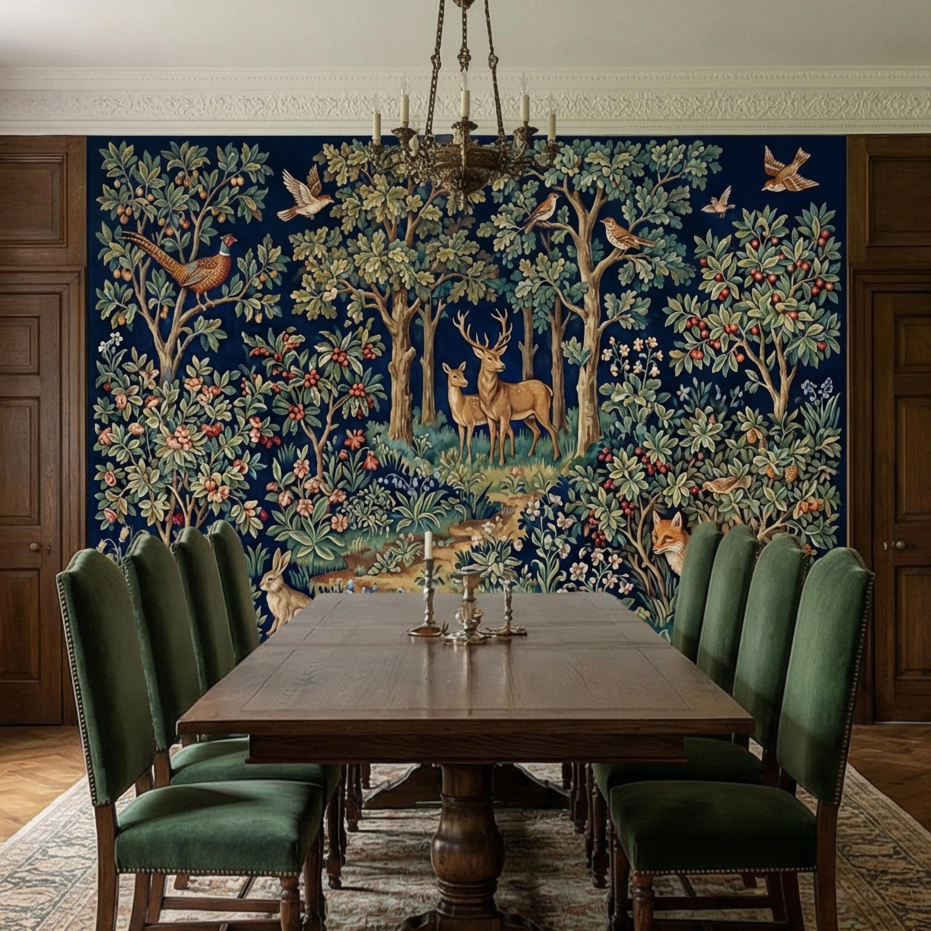 Woodland Tapestry Peel and Stick Wall Mural, Vintage Forest Animals Floral Scene, Medieval Botanical Landscape Wallpaper