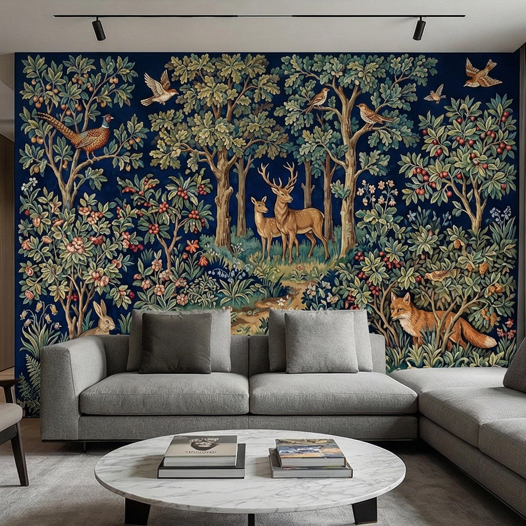 Woodland Tapestry Peel and Stick Wall Mural, Vintage Forest Animals Floral Scene, Medieval Botanical Landscape Wallpaper