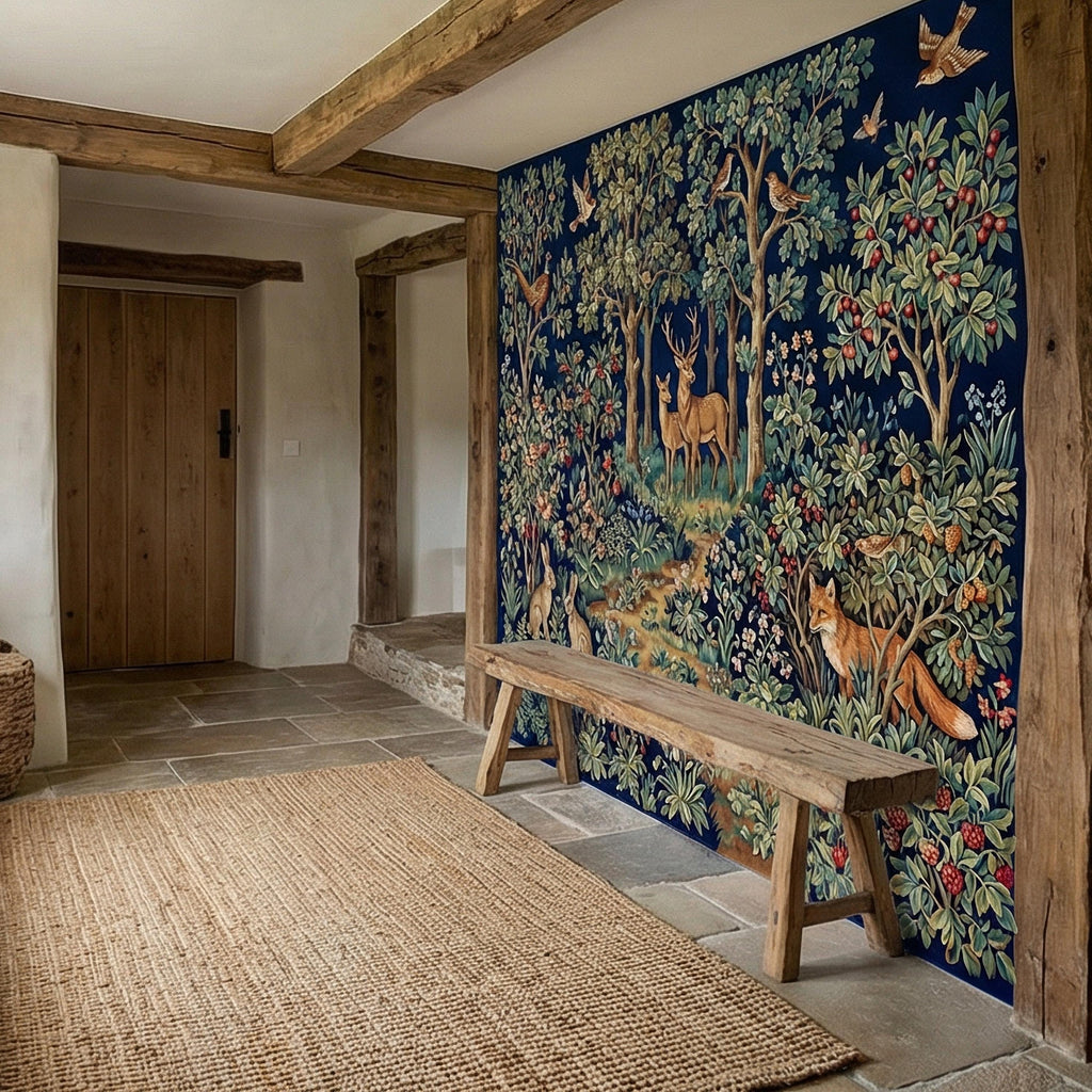 Woodland Tapestry Peel and Stick Wall Mural, Vintage Forest Animals Floral Scene, Medieval Botanical Landscape Wallpaper