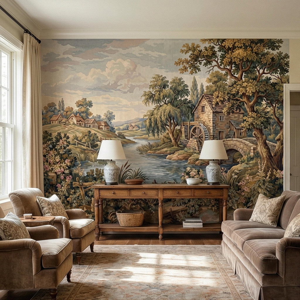 Vintage Pastoral Old Tapestry Peel and Stick Wall Mural, English Cottage River Landscape, Old World Scenic Wallpaper