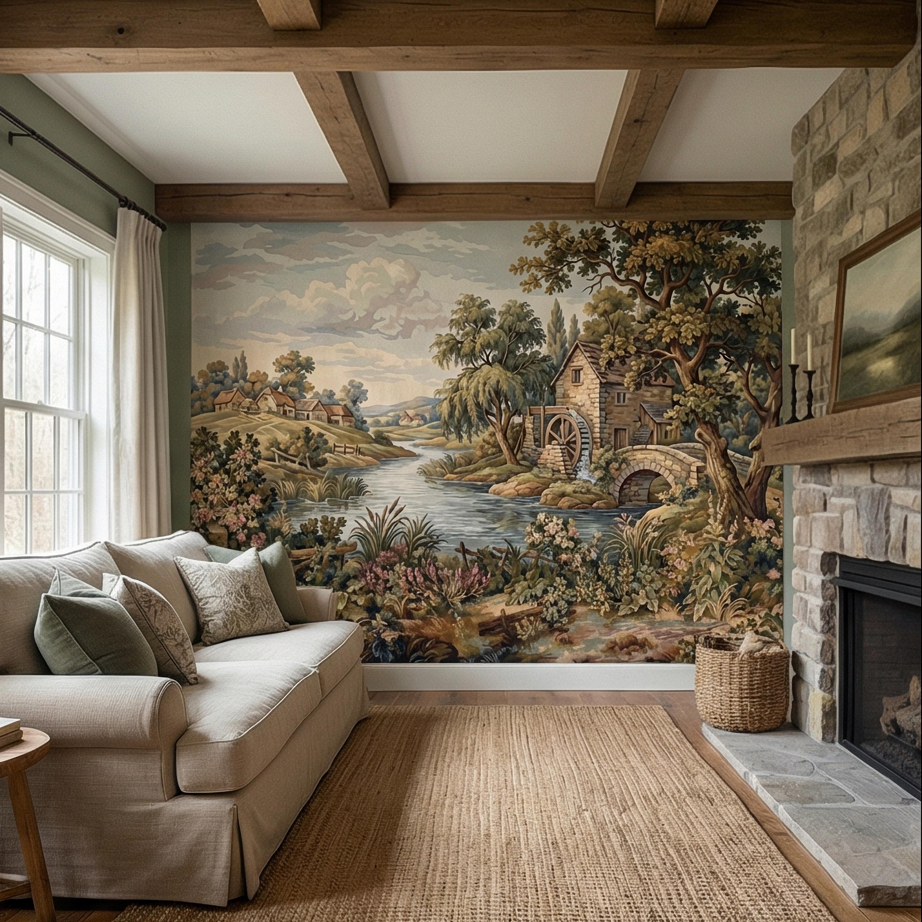 Vintage Pastoral Old Tapestry Peel and Stick Wall Mural, English Cottage River Landscape, Old World Scenic Wallpaper