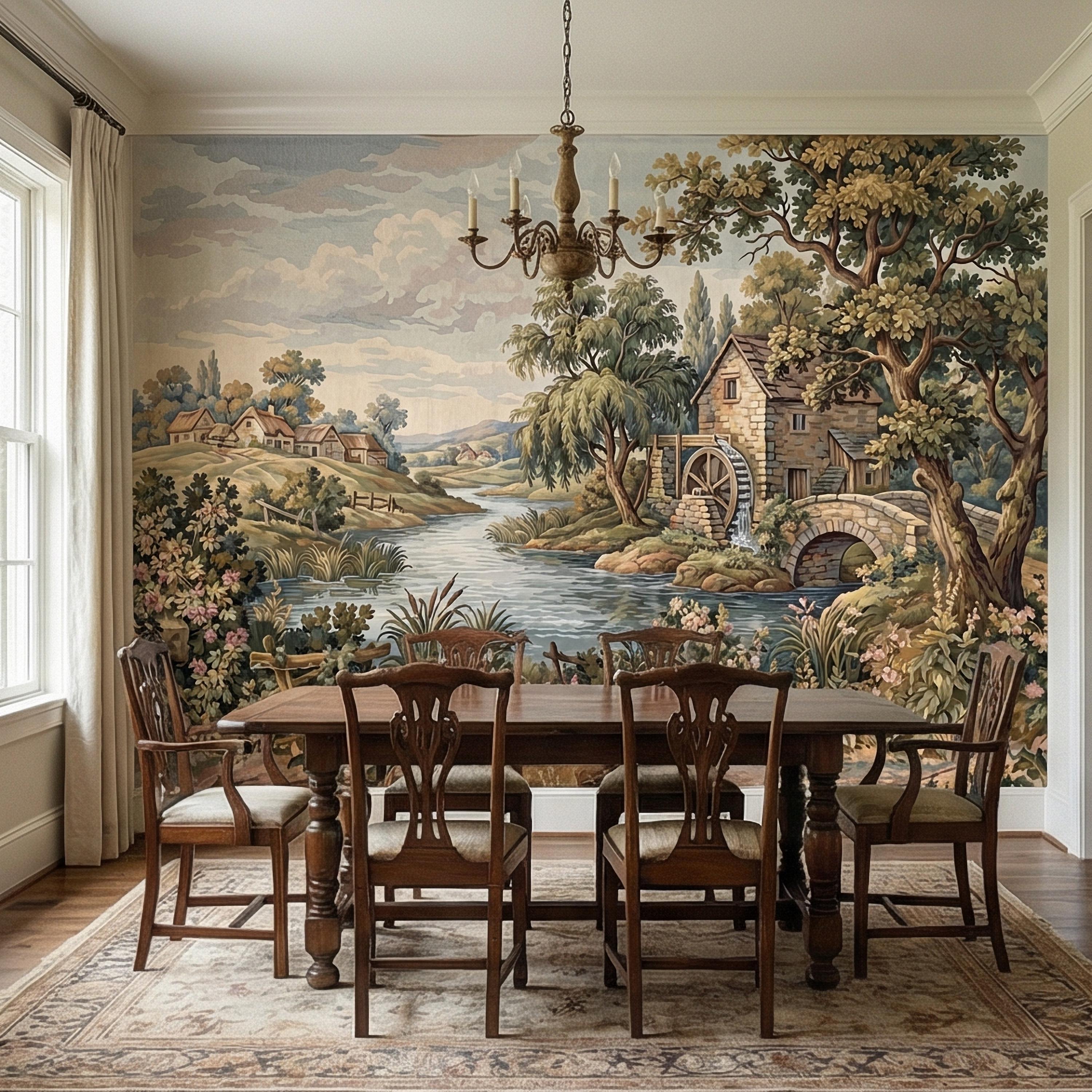 Vintage Pastoral Old Tapestry Peel and Stick Wall Mural, English Cottage River Landscape, Old World Scenic Wallpaper