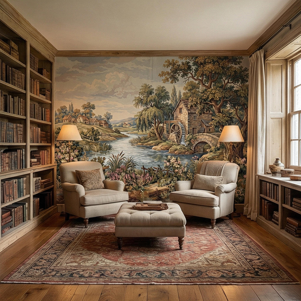 Vintage Pastoral Old Tapestry Peel and Stick Wall Mural, English Cottage River Landscape, Old World Scenic Wallpaper