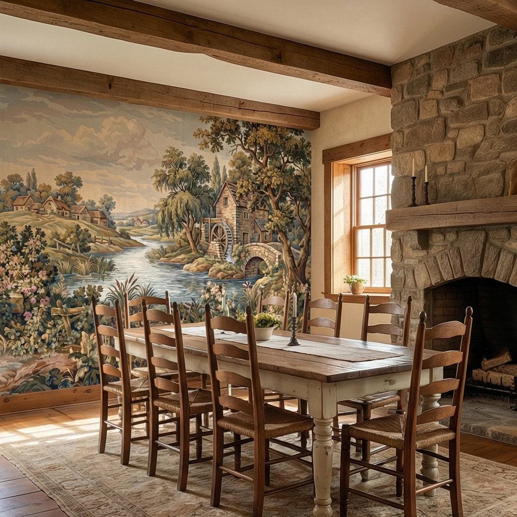 Vintage Pastoral Old Tapestry Peel and Stick Wall Mural, English Cottage River Landscape, Old World Scenic Wallpaper