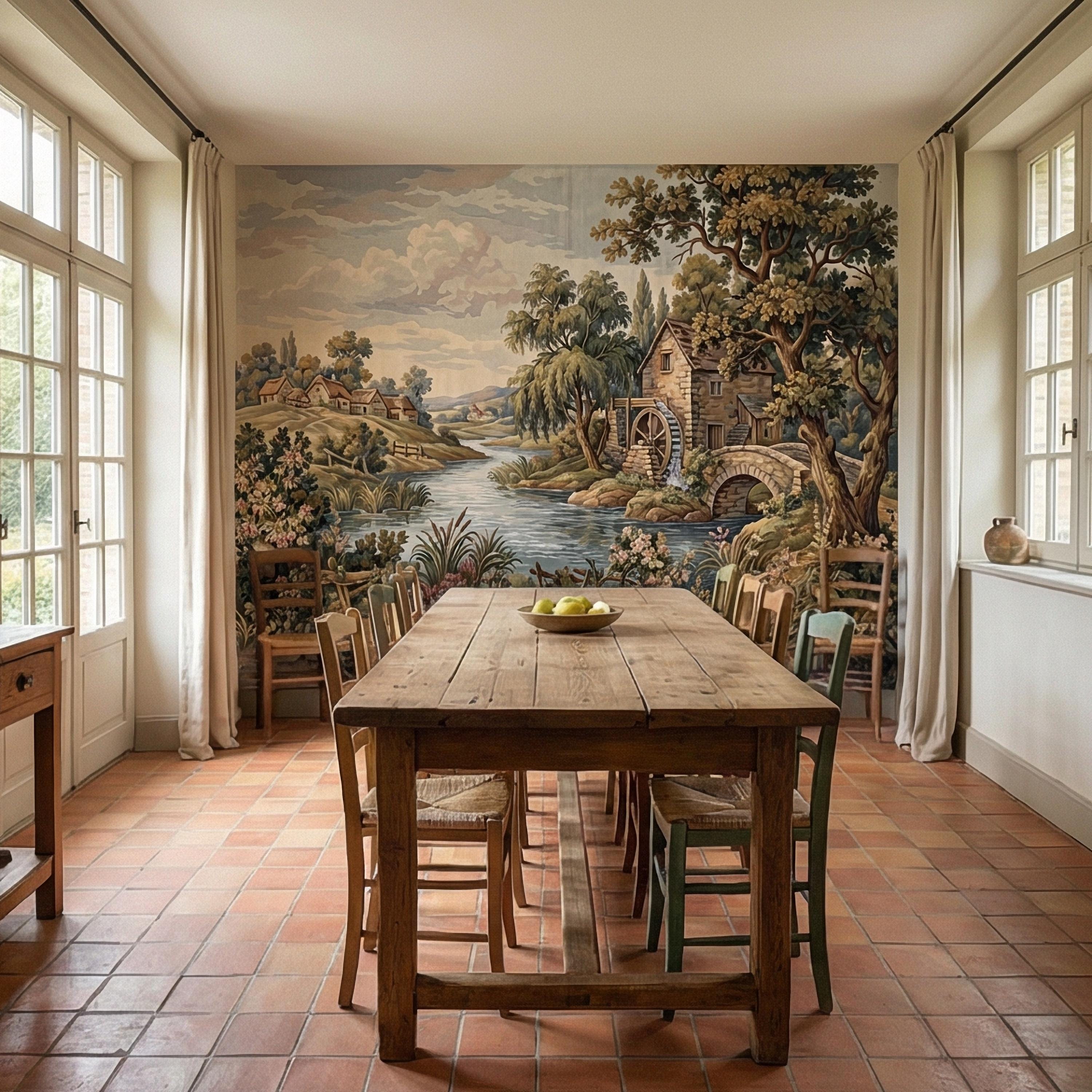 Vintage Pastoral Old Tapestry Peel and Stick Wall Mural, English Cottage River Landscape, Old World Scenic Wallpaper