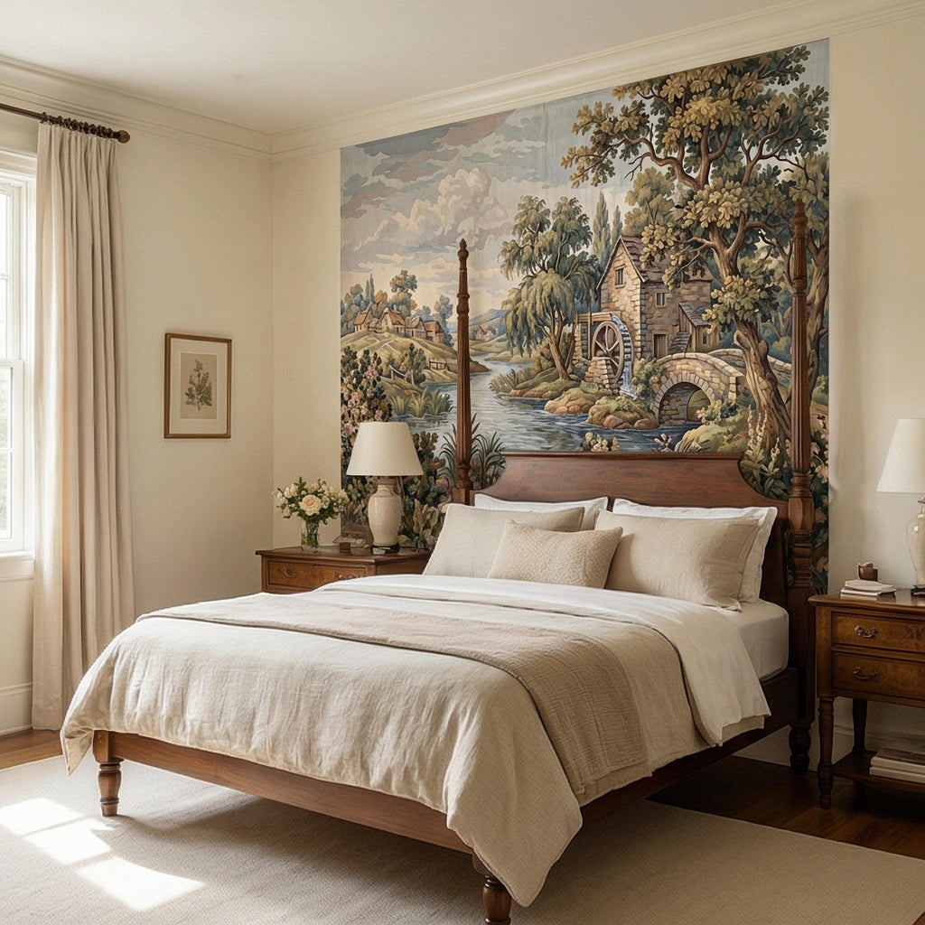 Vintage Pastoral Old Tapestry Peel and Stick Wall Mural, English Cottage River Landscape, Old World Scenic Wallpaper