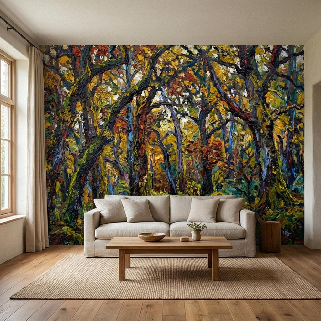 Painterly Forest Peel and Stick Wall Mural, Abstract Textured Woodland Painting, Bold Colorful Nature Wallpaper