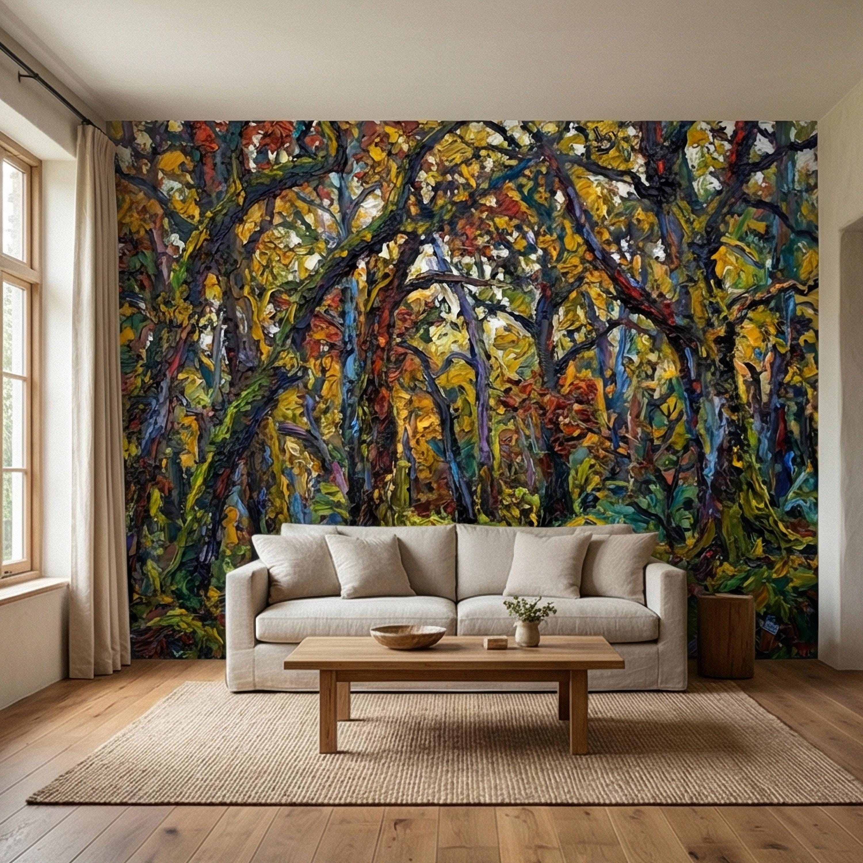Painterly Forest Peel and Stick Wall Mural, Abstract Textured Woodland Painting, Bold Colorful Nature Wallpaper