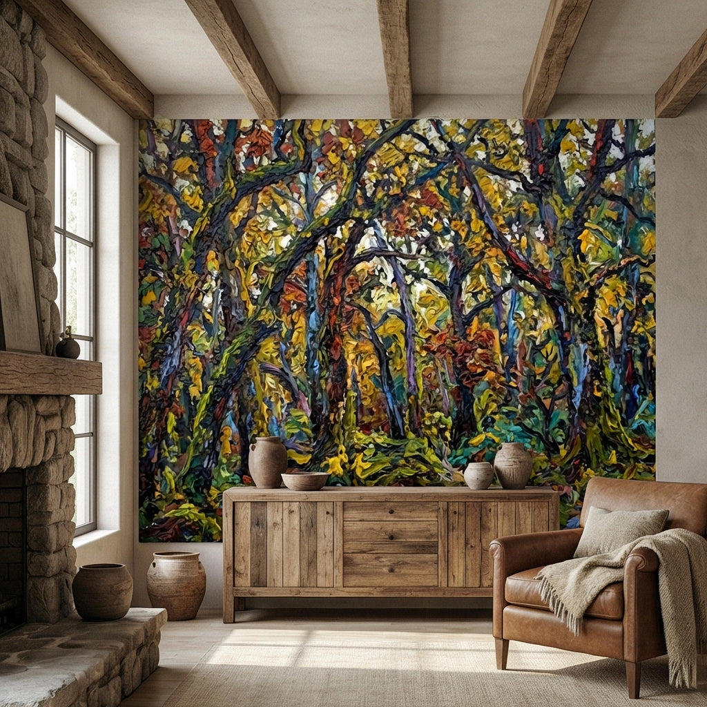 Painterly Forest Peel and Stick Wall Mural, Abstract Textured Woodland Painting, Bold Colorful Nature Wallpaper