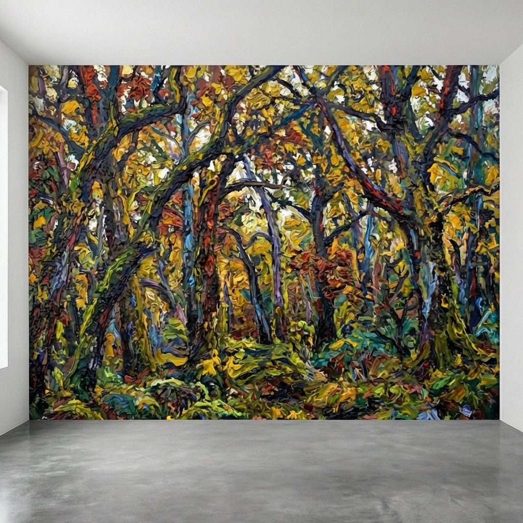 Painterly Forest Peel and Stick Wall Mural, Abstract Textured Woodland Painting, Bold Colorful Nature Wallpaper