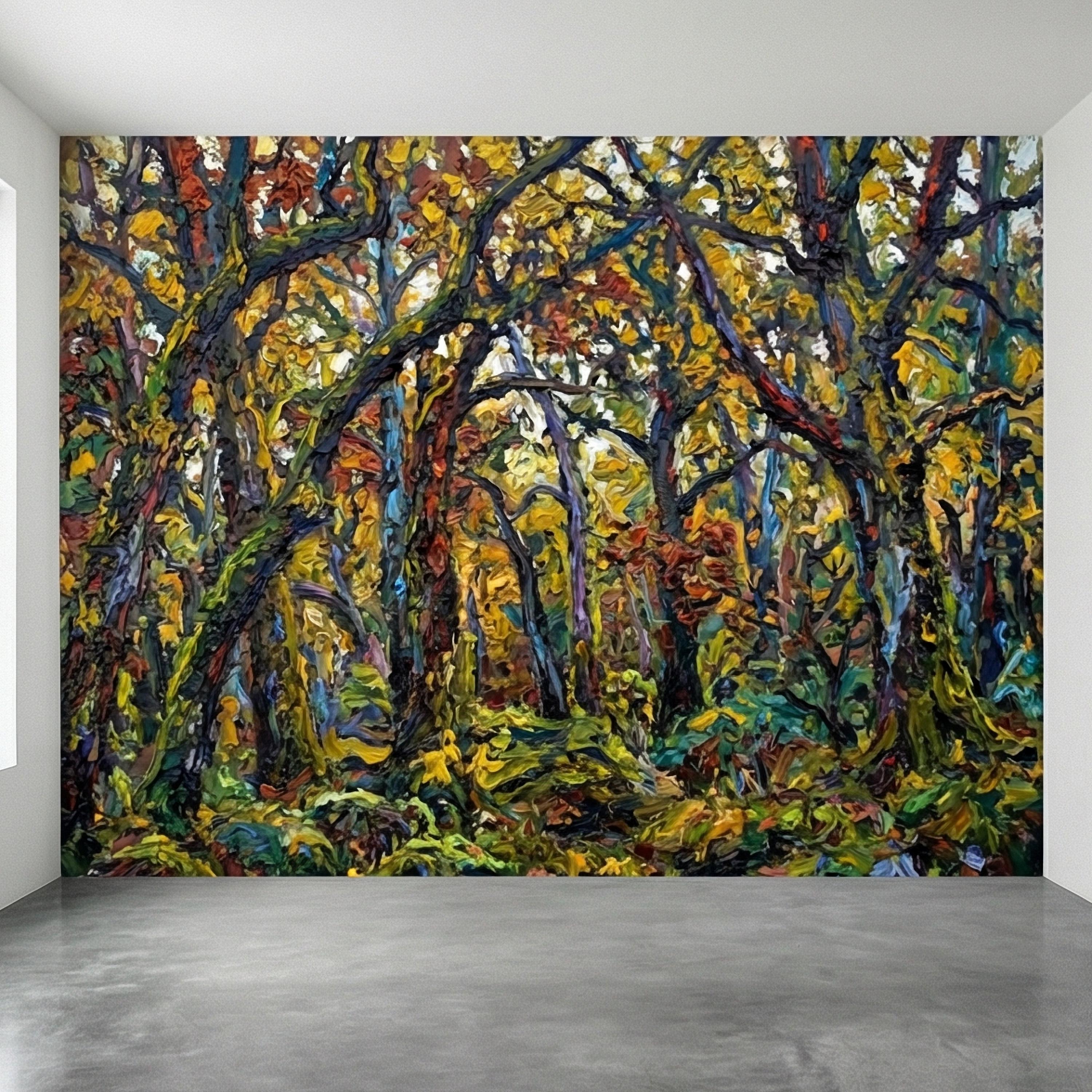 Painterly Forest Peel and Stick Wall Mural, Abstract Textured Woodland Painting, Bold Colorful Nature Wallpaper