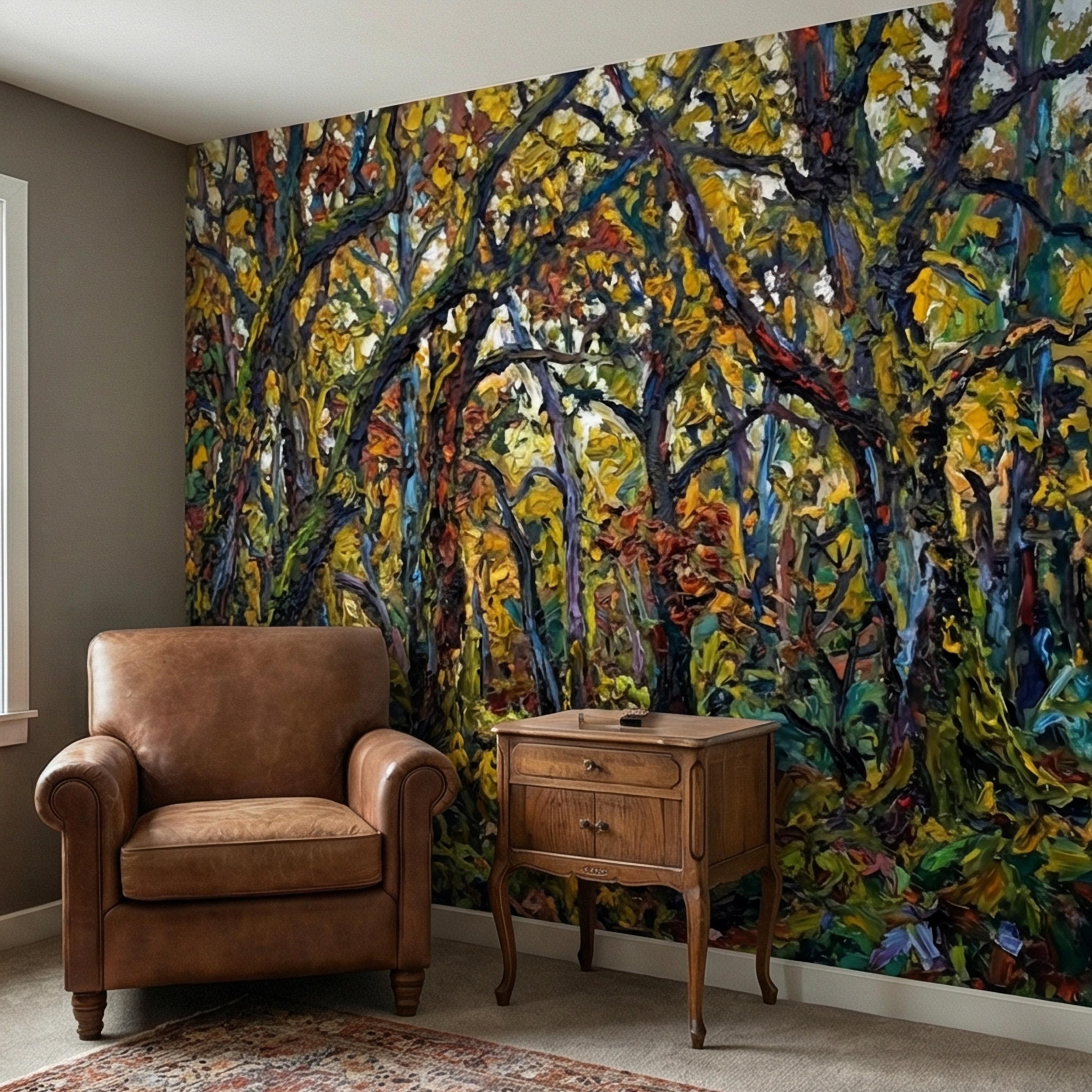 Painterly Forest Peel and Stick Wall Mural, Abstract Textured Woodland Painting, Bold Colorful Nature Wallpaper