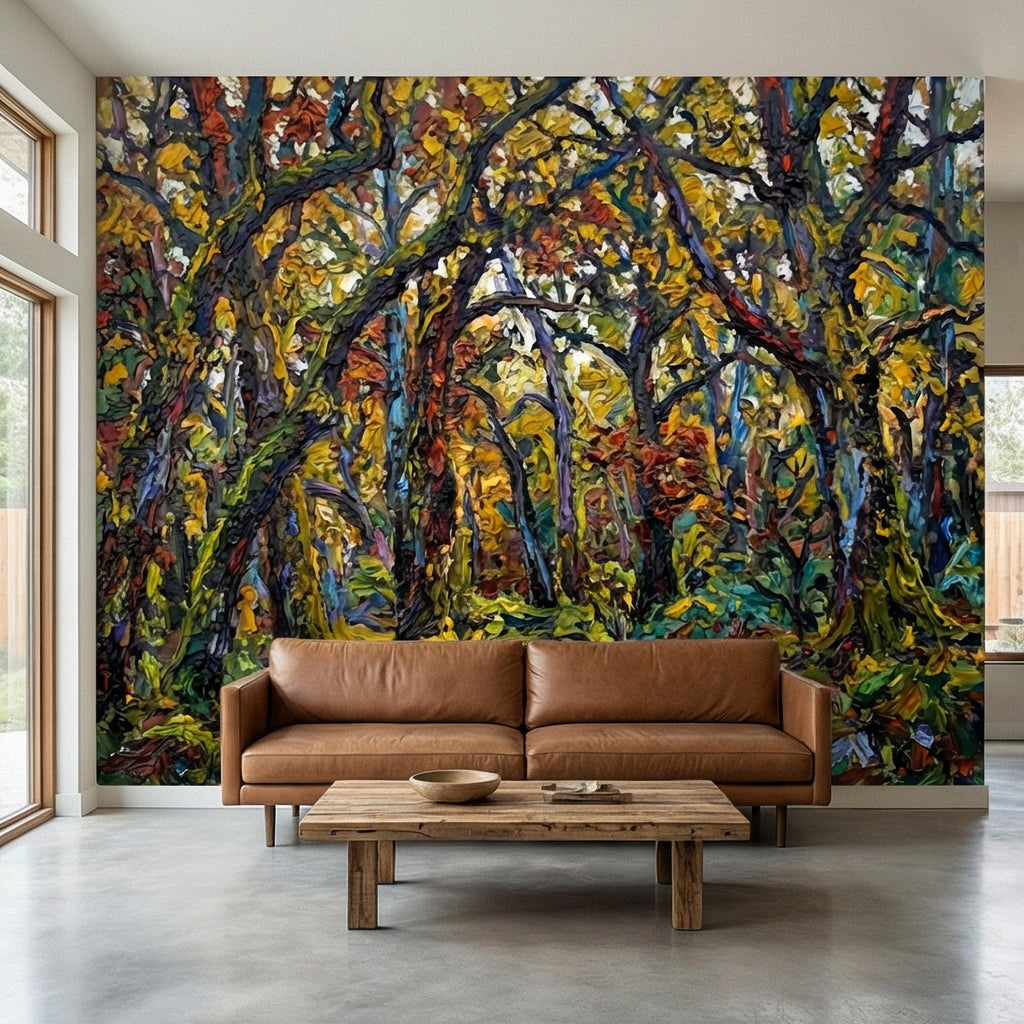 Painterly Forest Peel and Stick Wall Mural, Abstract Textured Woodland Painting, Bold Colorful Nature Wallpaper