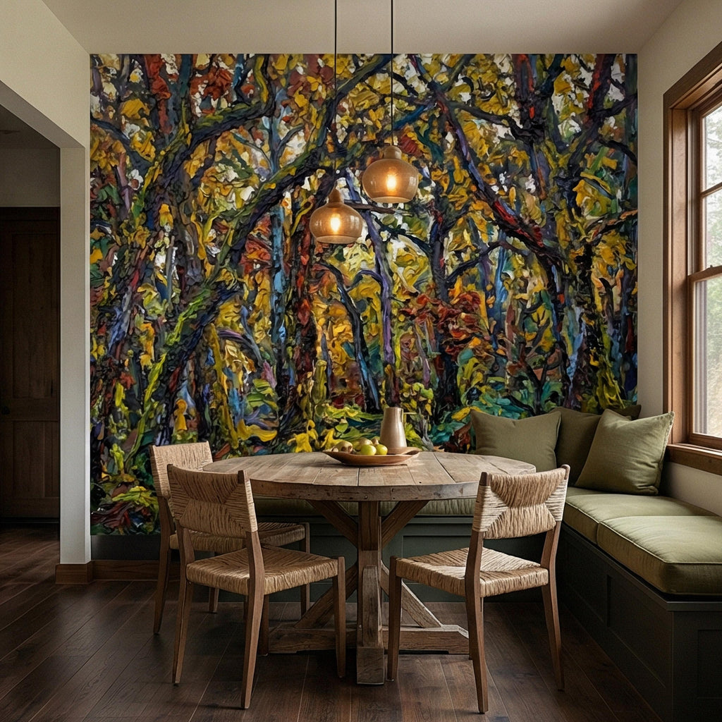 Painterly Forest Peel and Stick Wall Mural, Abstract Textured Woodland Painting, Bold Colorful Nature Wallpaper