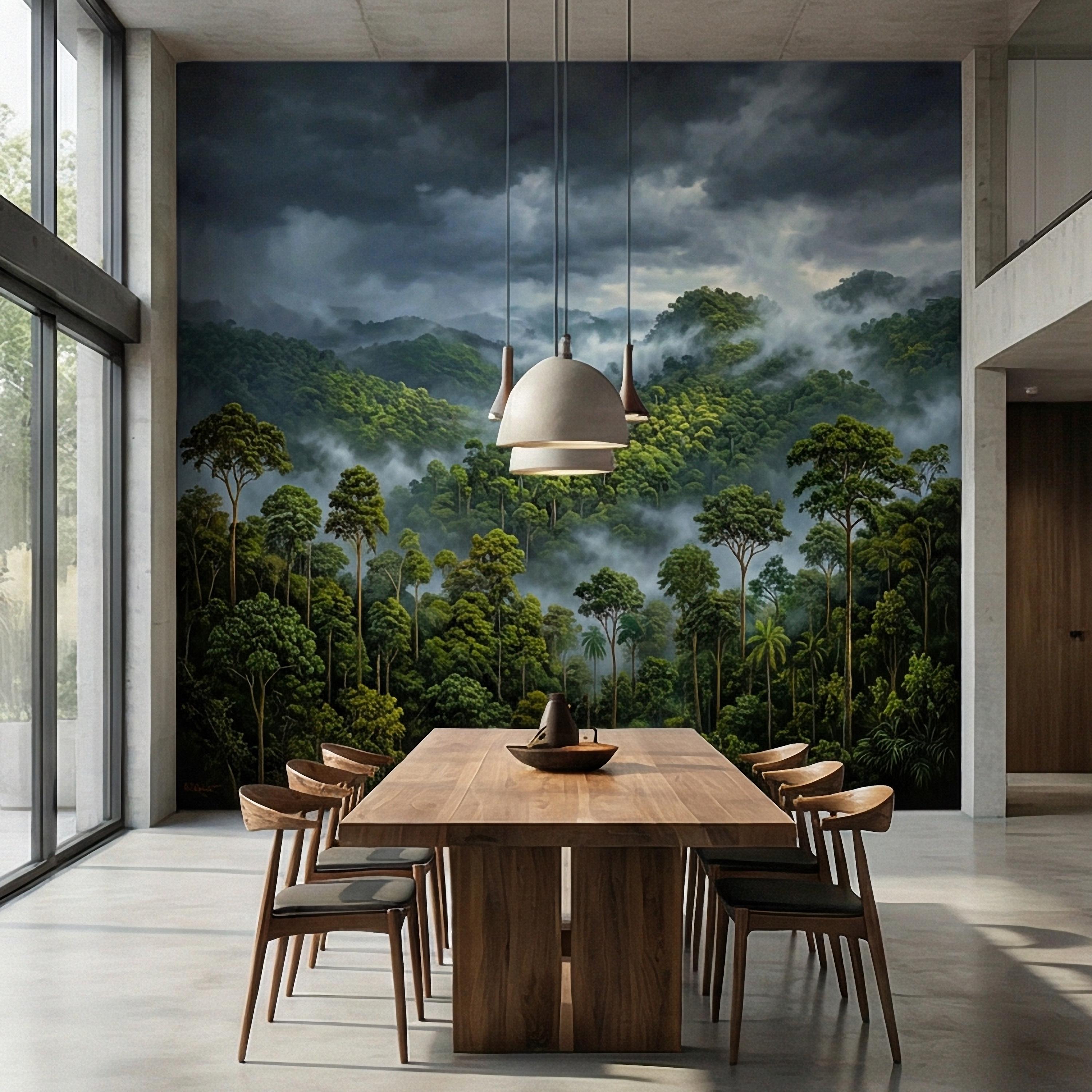 Misty Rainforest Peel and Stick Wall Mural, Moody Tropical Forest Landscape, Dramatic Foggy Jungle Nature Wallpaper