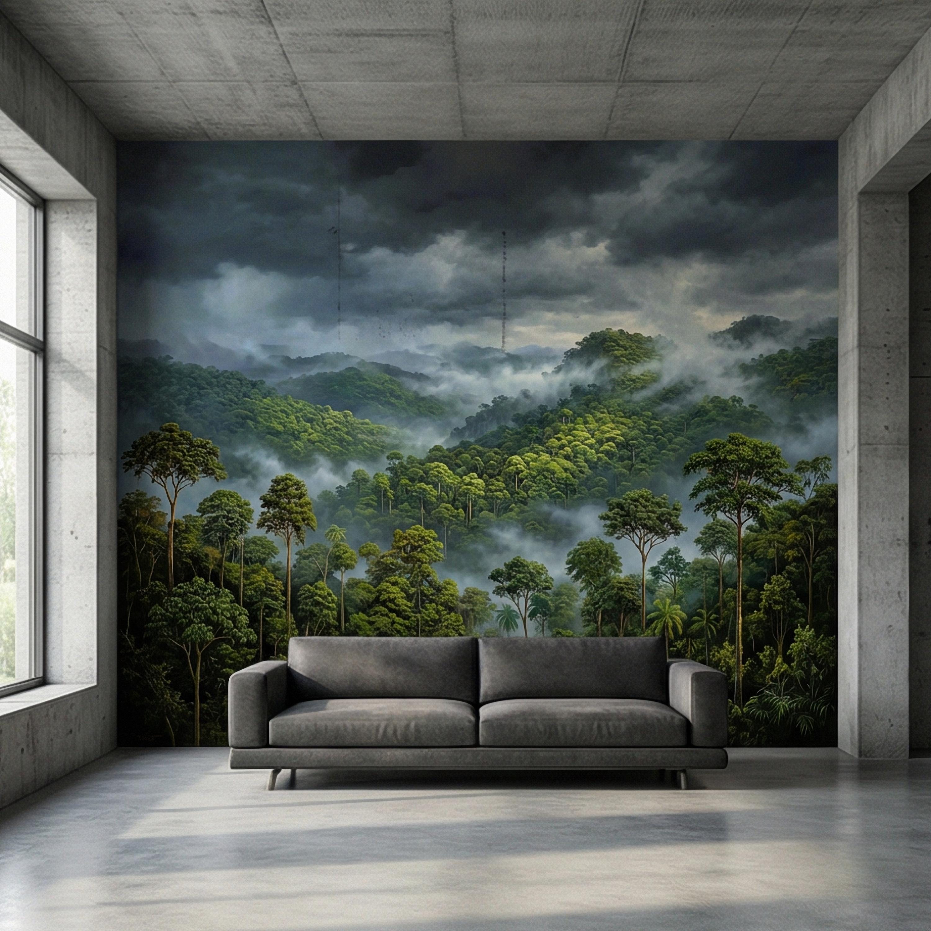 Misty Rainforest Peel and Stick Wall Mural, Moody Tropical Forest Landscape, Dramatic Foggy Jungle Nature Wallpaper