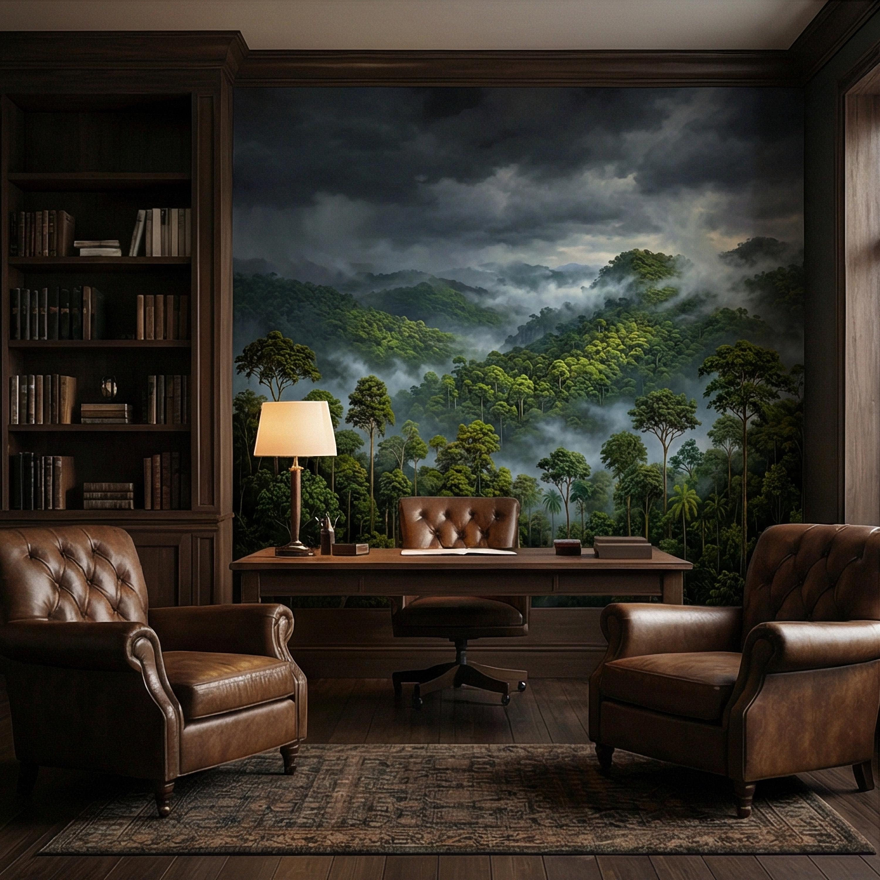 Misty Rainforest Peel and Stick Wall Mural, Moody Tropical Forest Landscape, Dramatic Foggy Jungle Nature Wallpaper