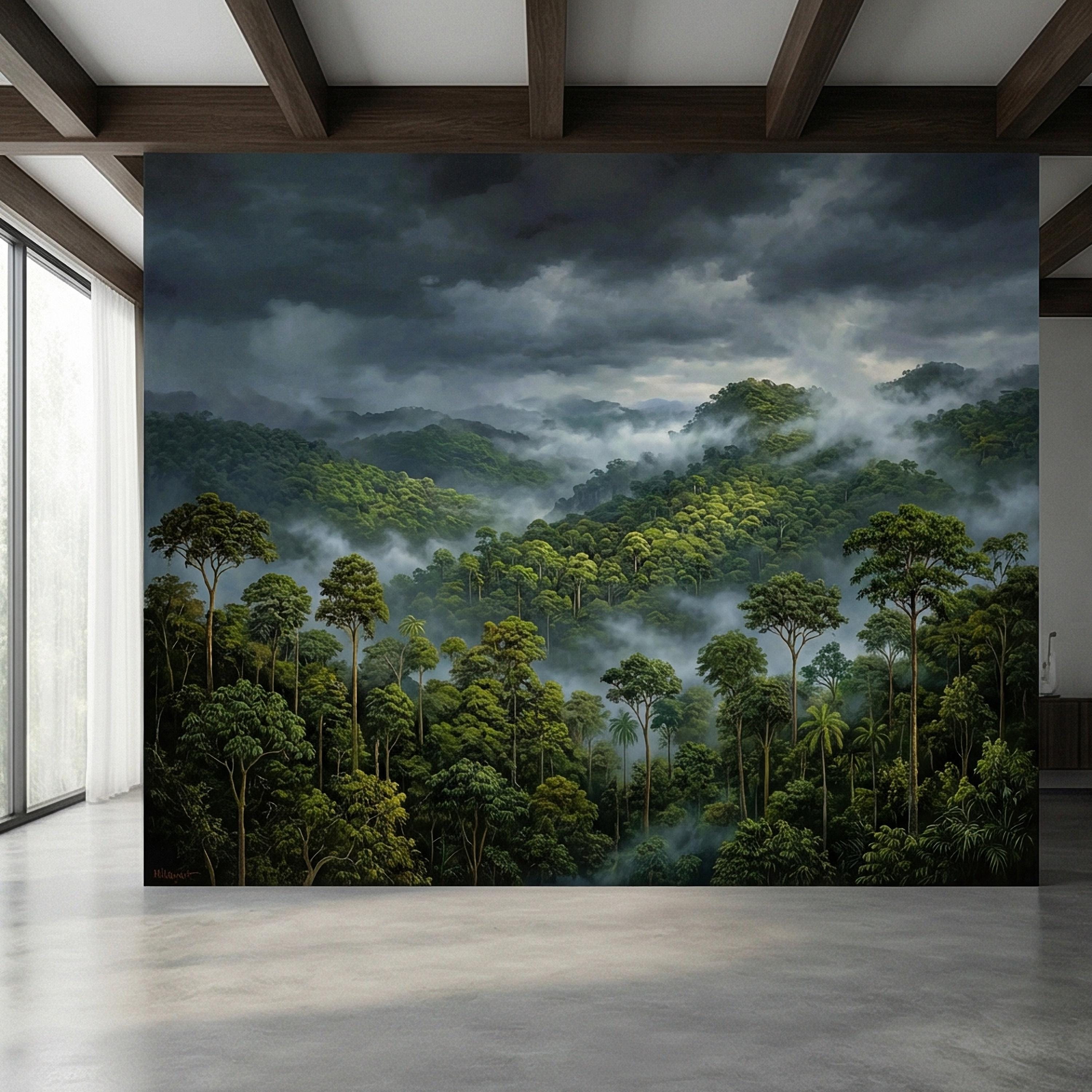 Misty Rainforest Peel and Stick Wall Mural, Moody Tropical Forest Landscape, Dramatic Foggy Jungle Nature Wallpaper