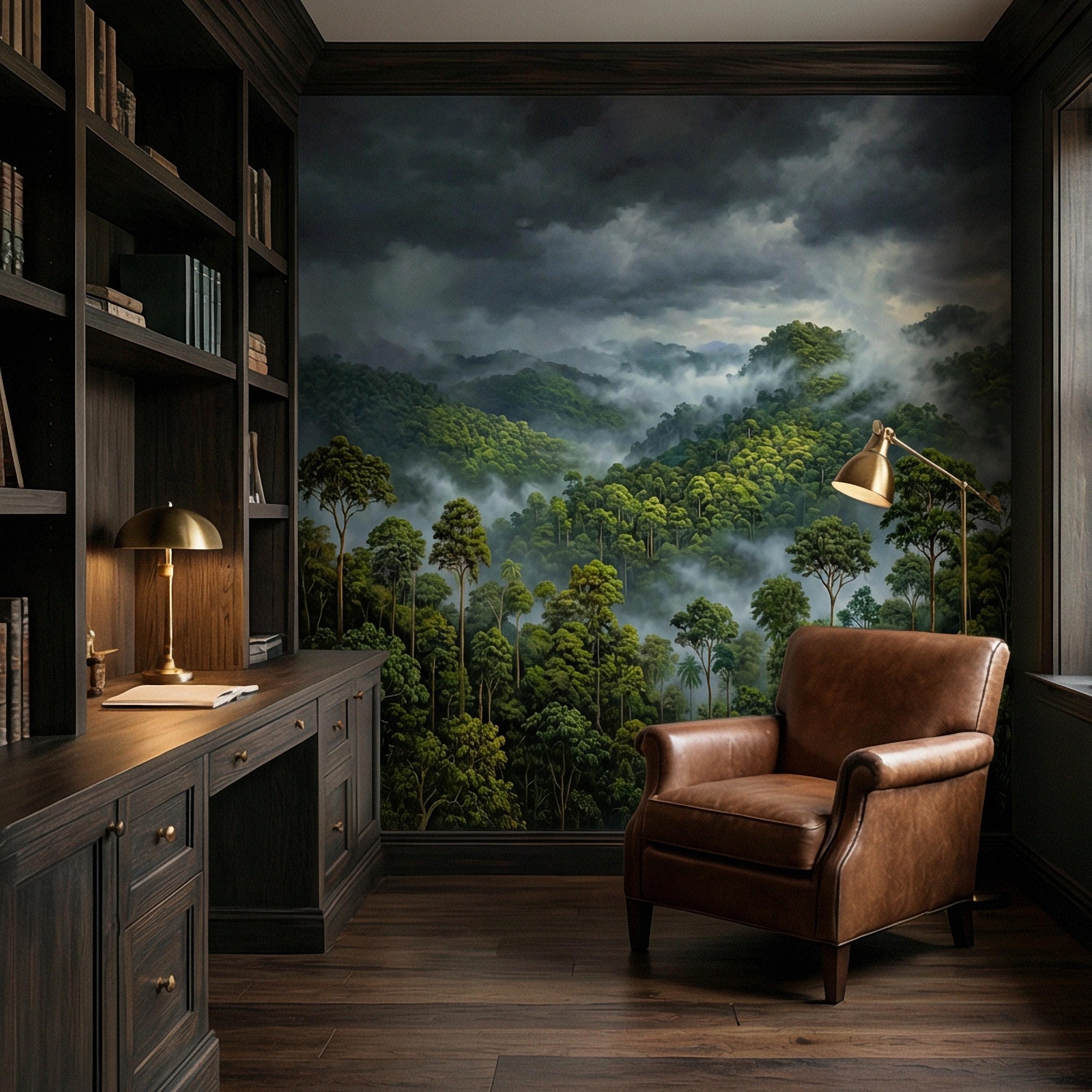 Misty Rainforest Peel and Stick Wall Mural, Moody Tropical Forest Landscape, Dramatic Foggy Jungle Nature Wallpaper