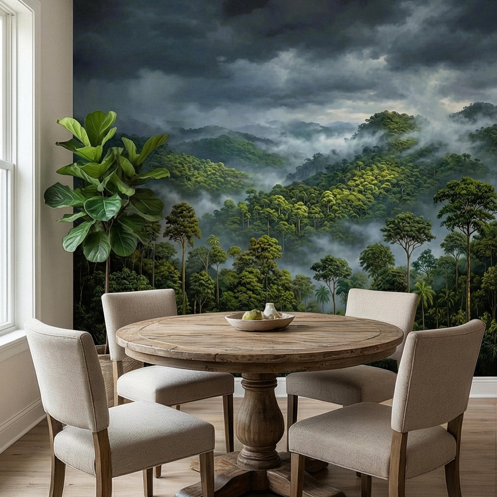 Misty Rainforest Peel and Stick Wall Mural, Moody Tropical Forest Landscape, Dramatic Foggy Jungle Nature Wallpaper
