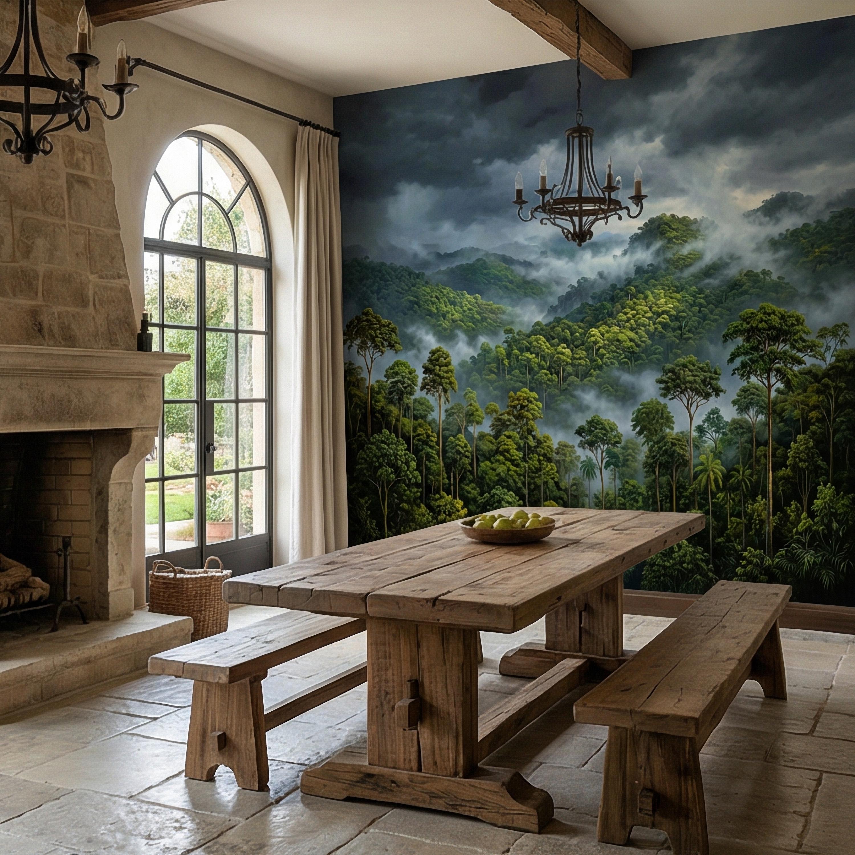 Misty Rainforest Peel and Stick Wall Mural, Moody Tropical Forest Landscape, Dramatic Foggy Jungle Nature Wallpaper