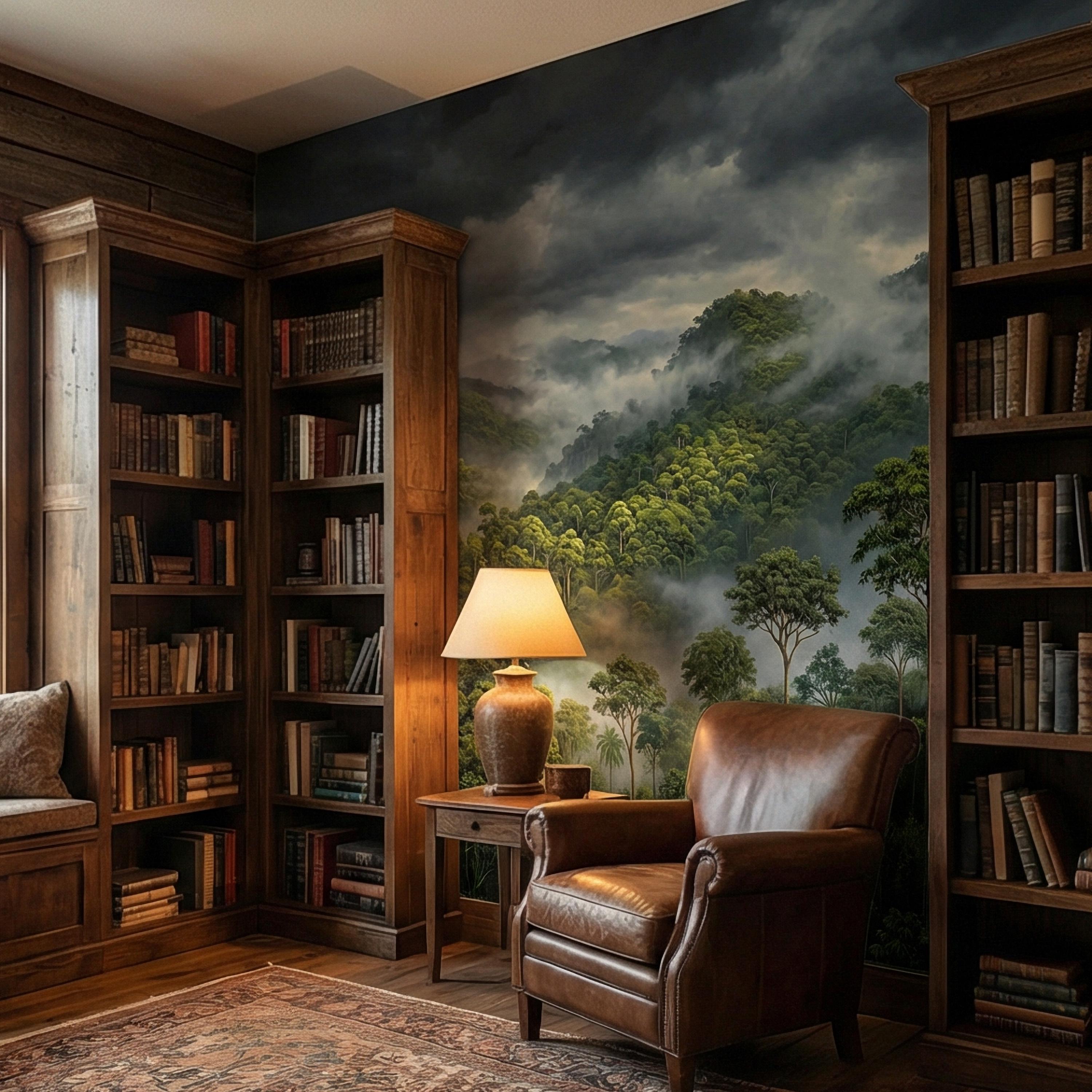 Misty Rainforest Peel and Stick Wall Mural, Moody Tropical Forest Landscape, Dramatic Foggy Jungle Nature Wallpaper