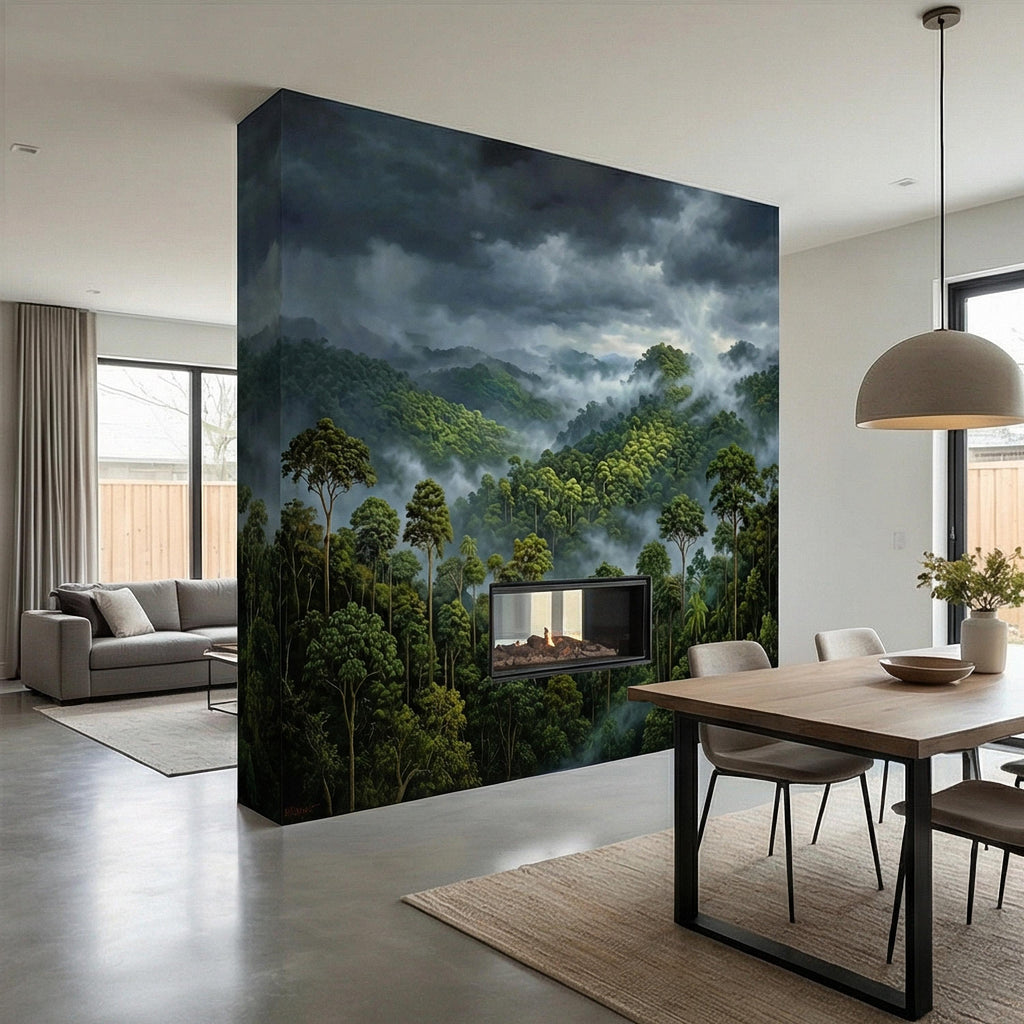 Misty Rainforest Peel and Stick Wall Mural, Moody Tropical Forest Landscape, Dramatic Foggy Jungle Nature Wallpaper