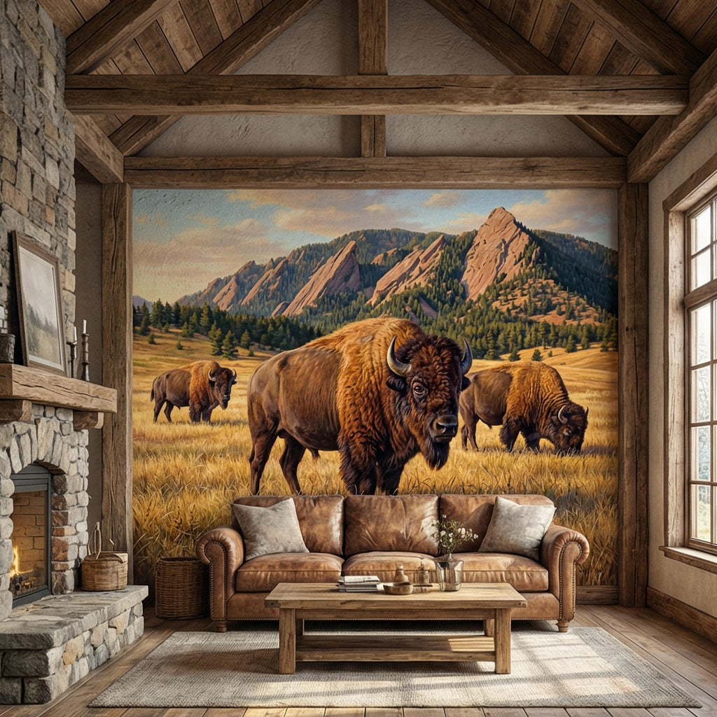 Bison Peel and Stick Wall Mural, Rocky Mountain Wildlife Landscape, Rustic Western Prairie Nature Wallpaper