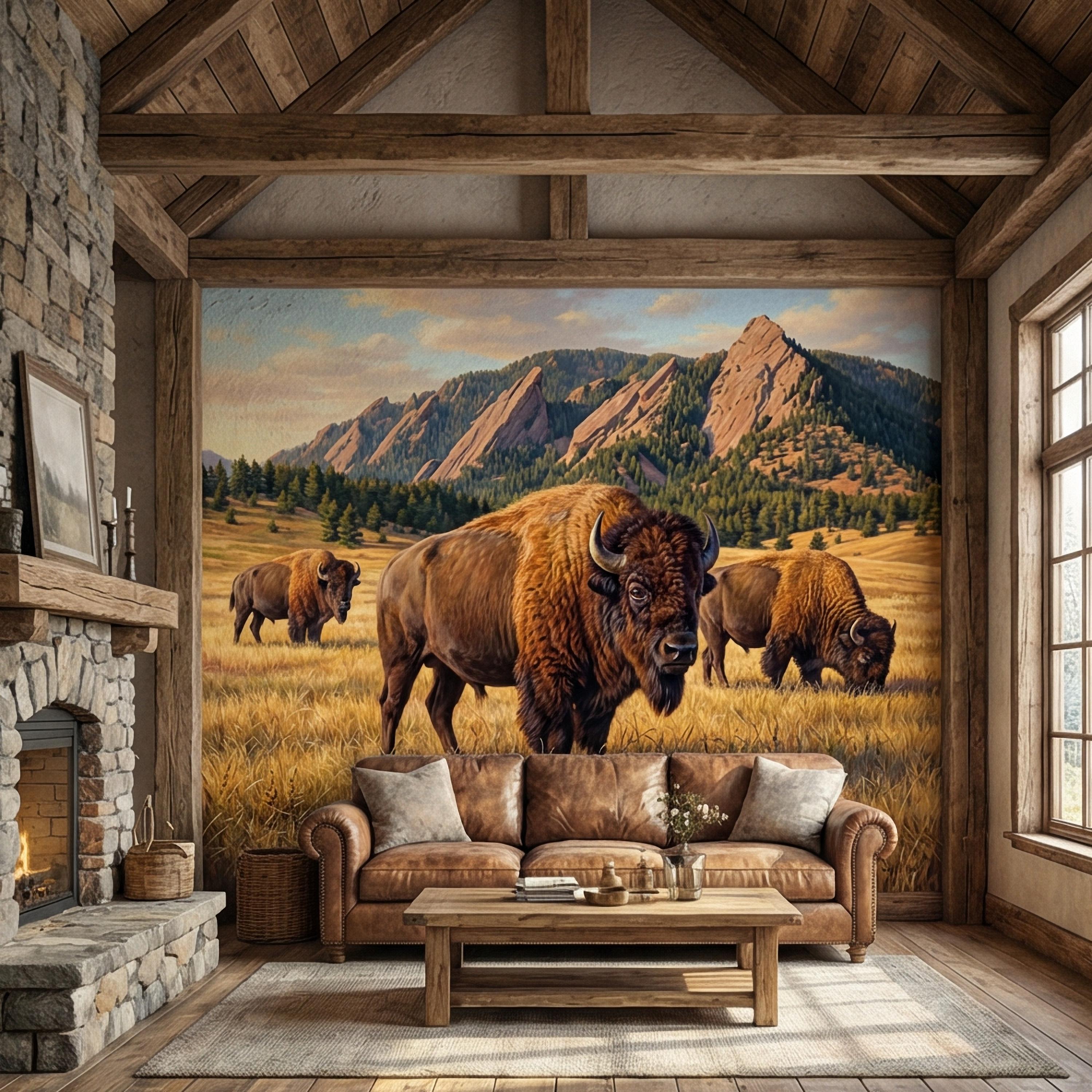 Bison Peel and Stick Wall Mural, Rocky Mountain Wildlife Landscape, Rustic Western Prairie Nature Wallpaper