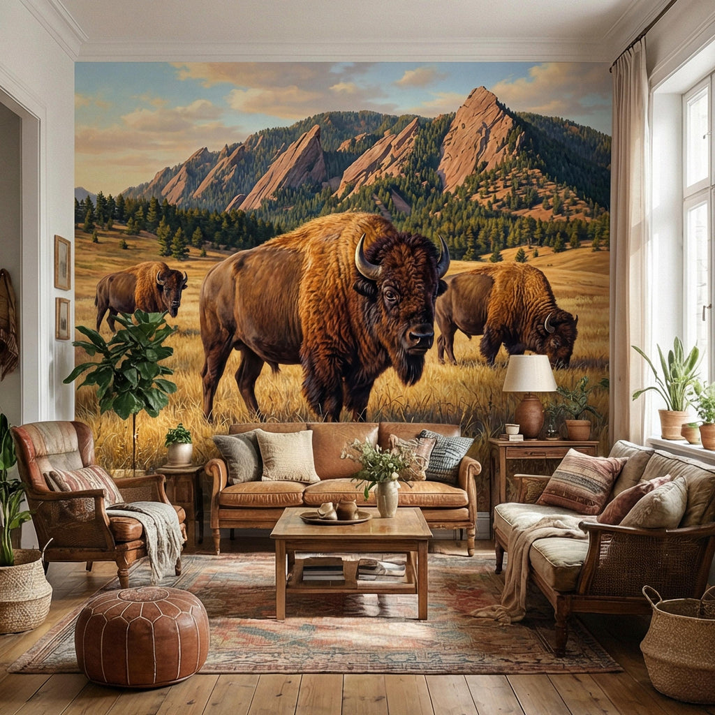 Bison Peel and Stick Wall Mural, Rocky Mountain Wildlife Landscape, Rustic Western Prairie Nature Wallpaper