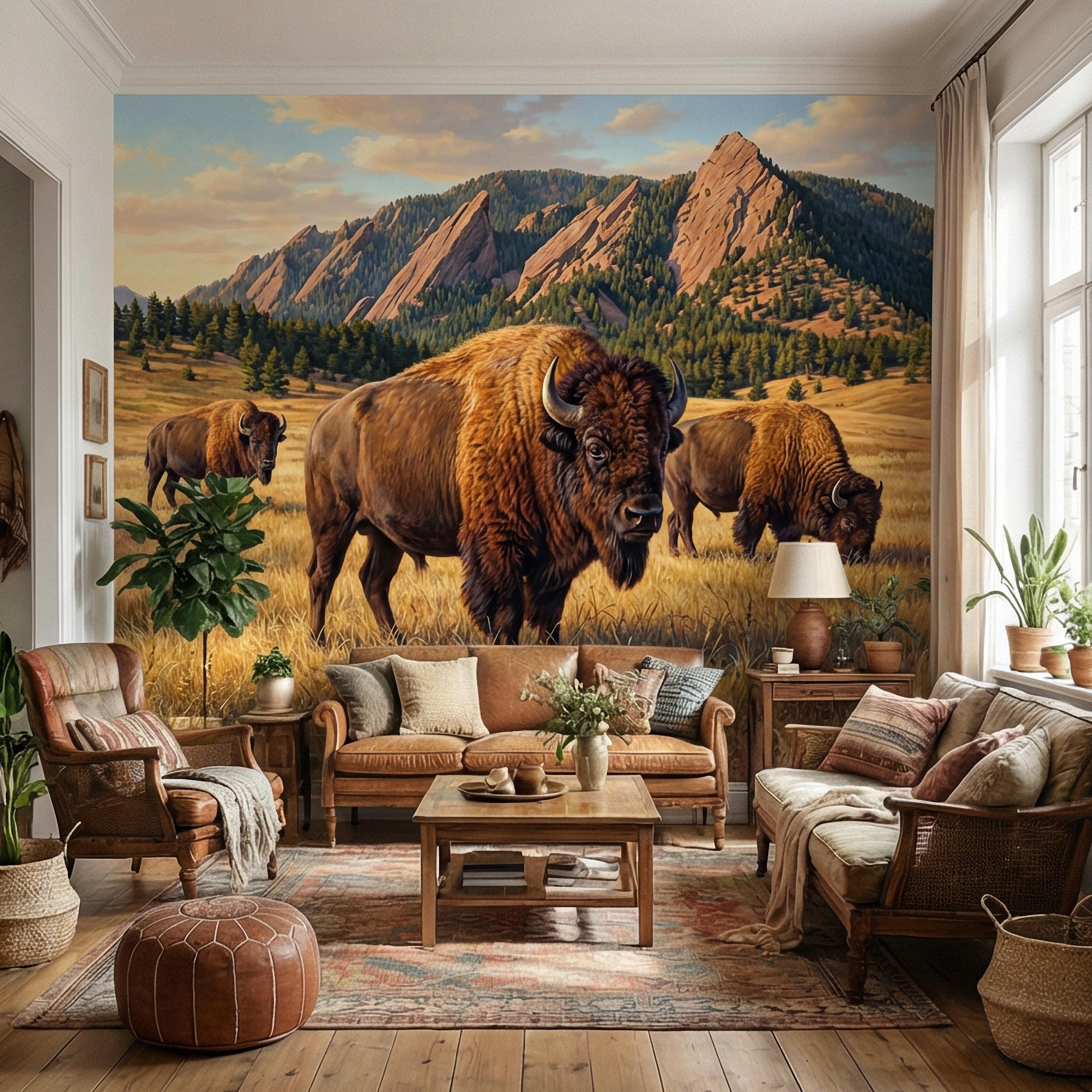 Bison Peel and Stick Wall Mural, Rocky Mountain Wildlife Landscape, Rustic Western Prairie Nature Wallpaper